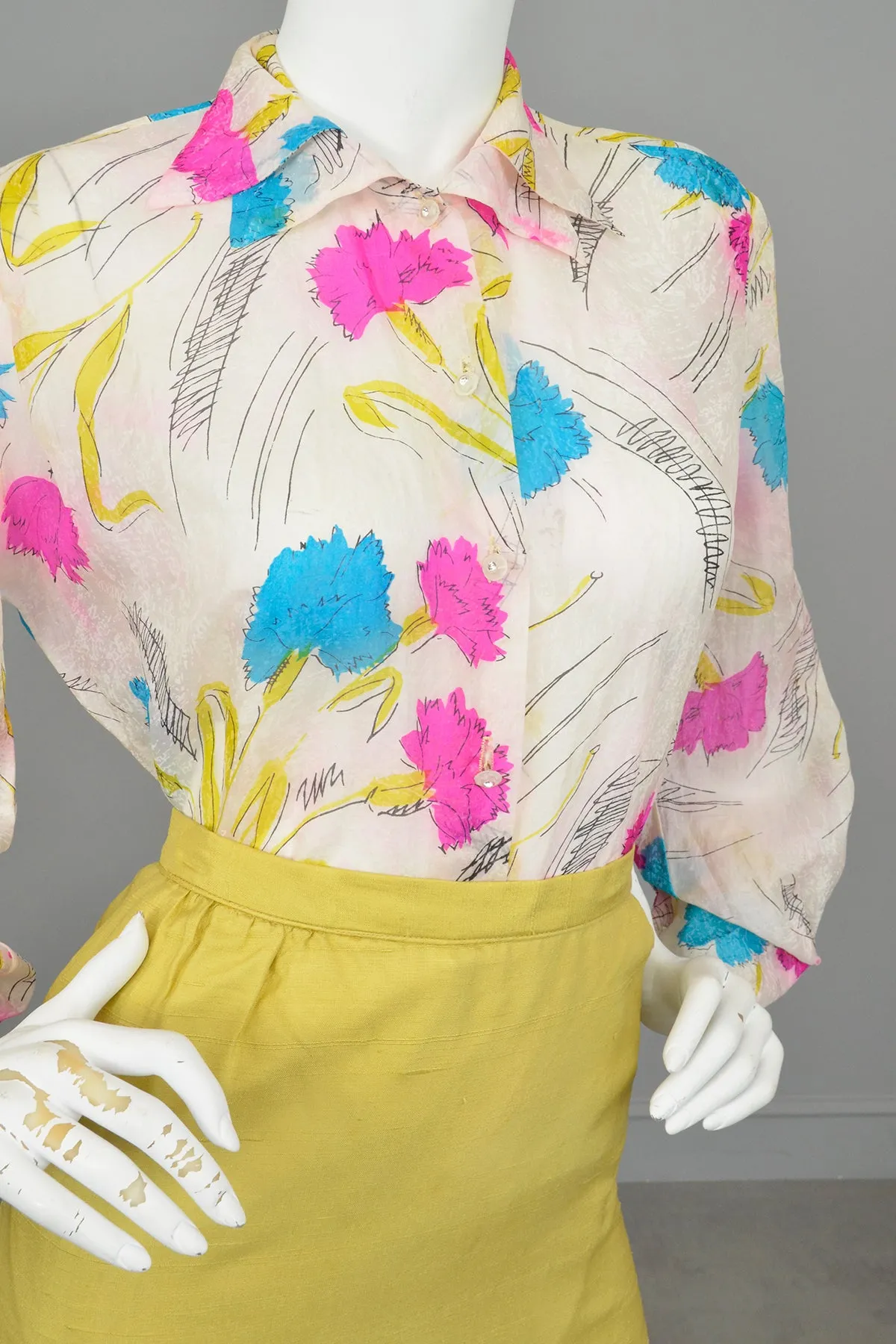 1940s Hand Dyed Tissue Silk Blouse with Balloon Sleeves