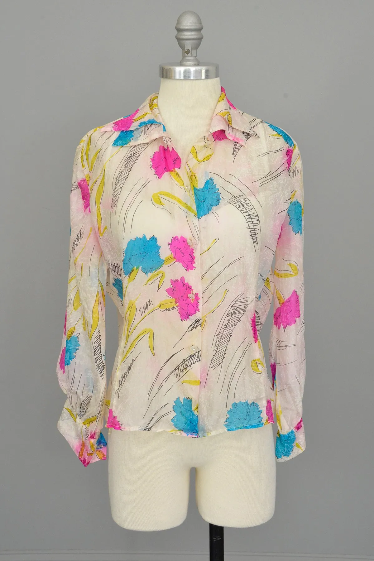 1940s Hand Dyed Tissue Silk Blouse with Balloon Sleeves