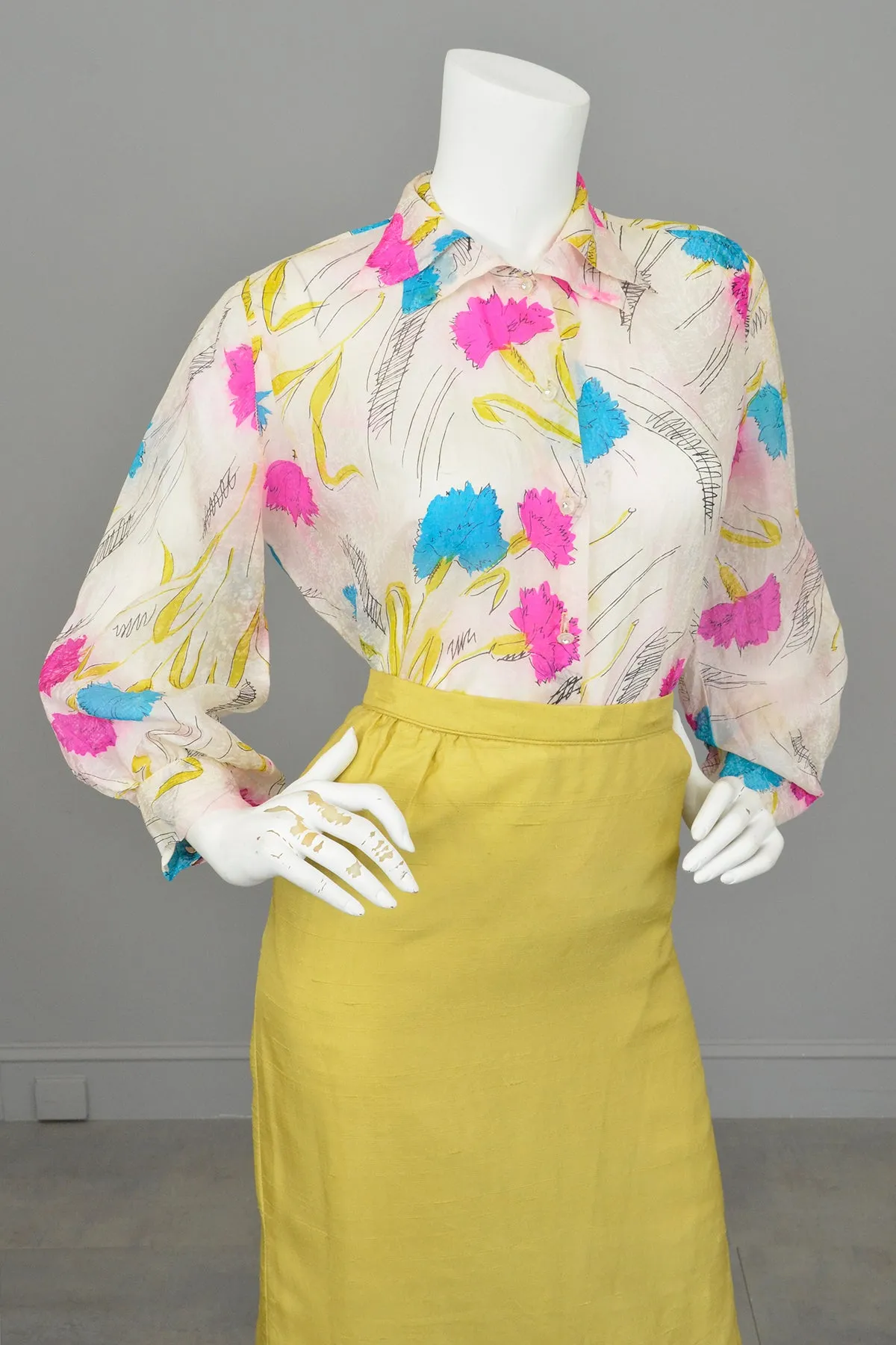 1940s Hand Dyed Tissue Silk Blouse with Balloon Sleeves