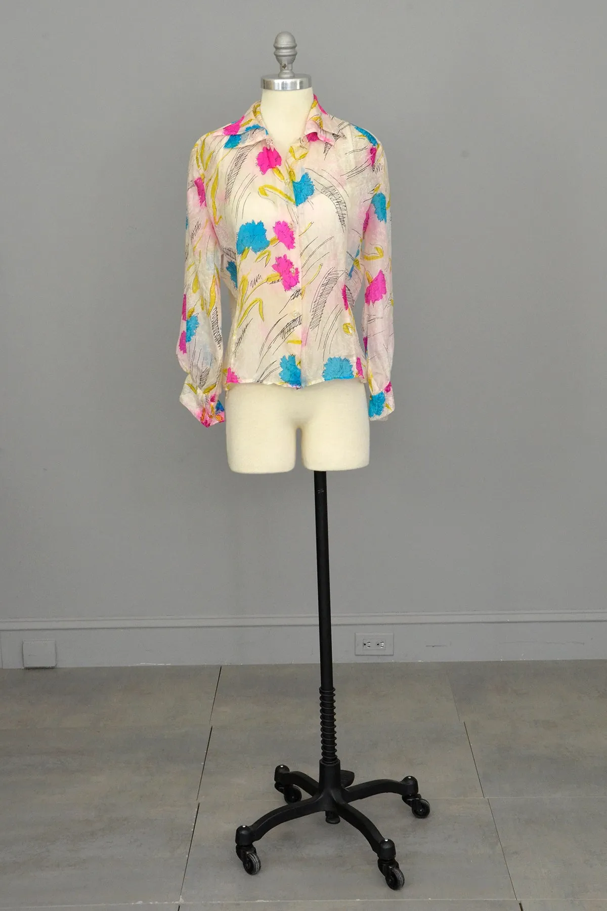 1940s Hand Dyed Tissue Silk Blouse with Balloon Sleeves