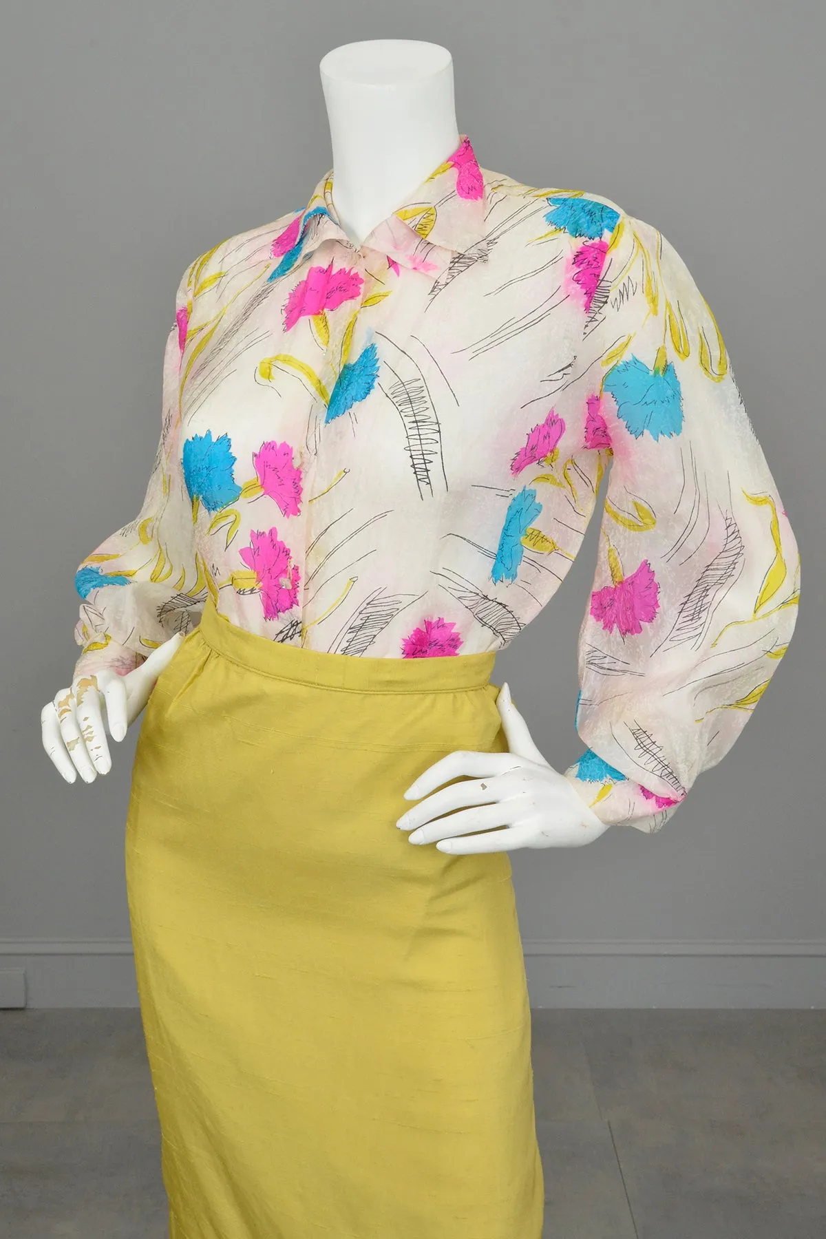 1940s Hand Dyed Tissue Silk Blouse with Balloon Sleeves