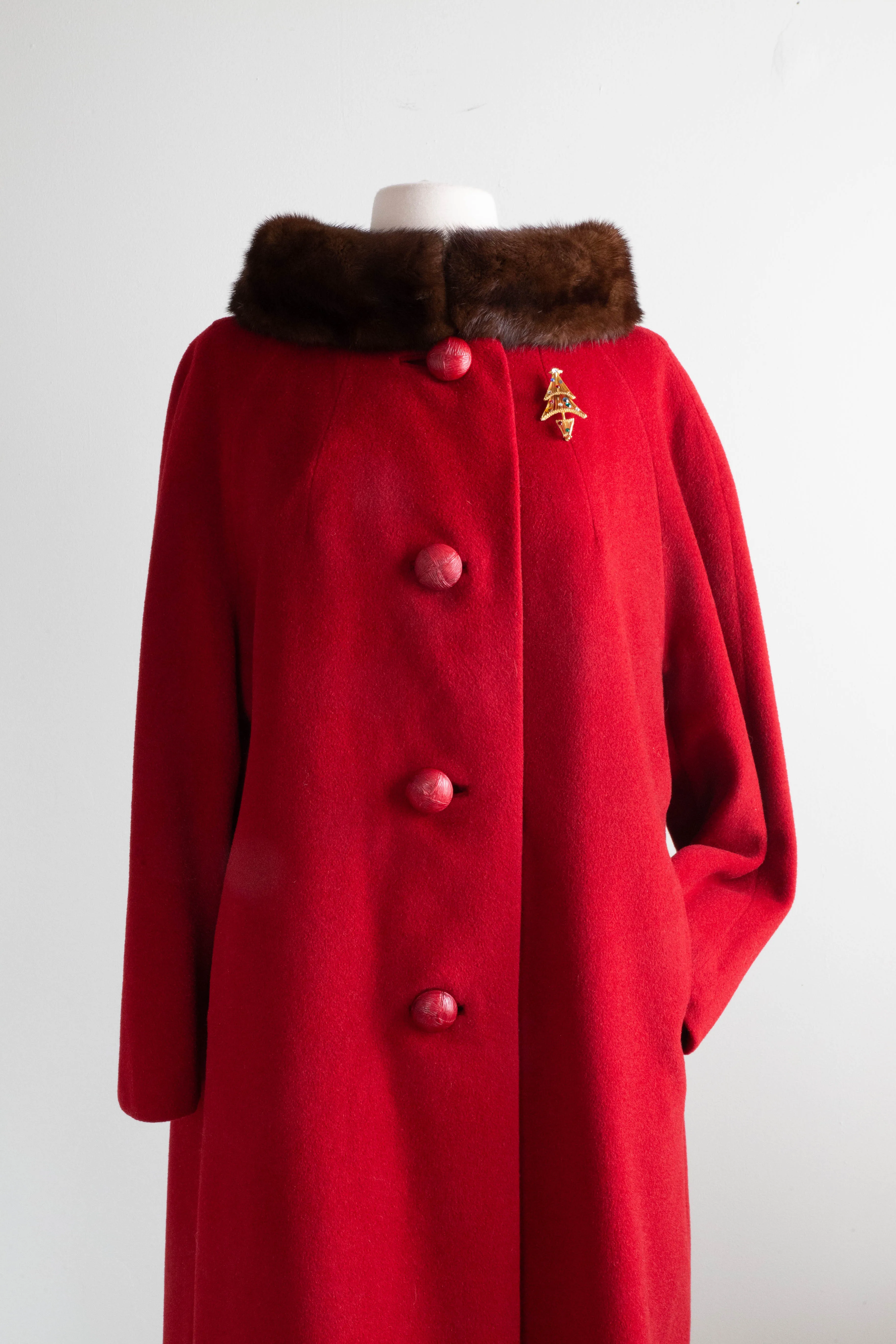 1950's Crimson Cashmere Mink Trimmed Cocoon Coat By Rothmoor / ML