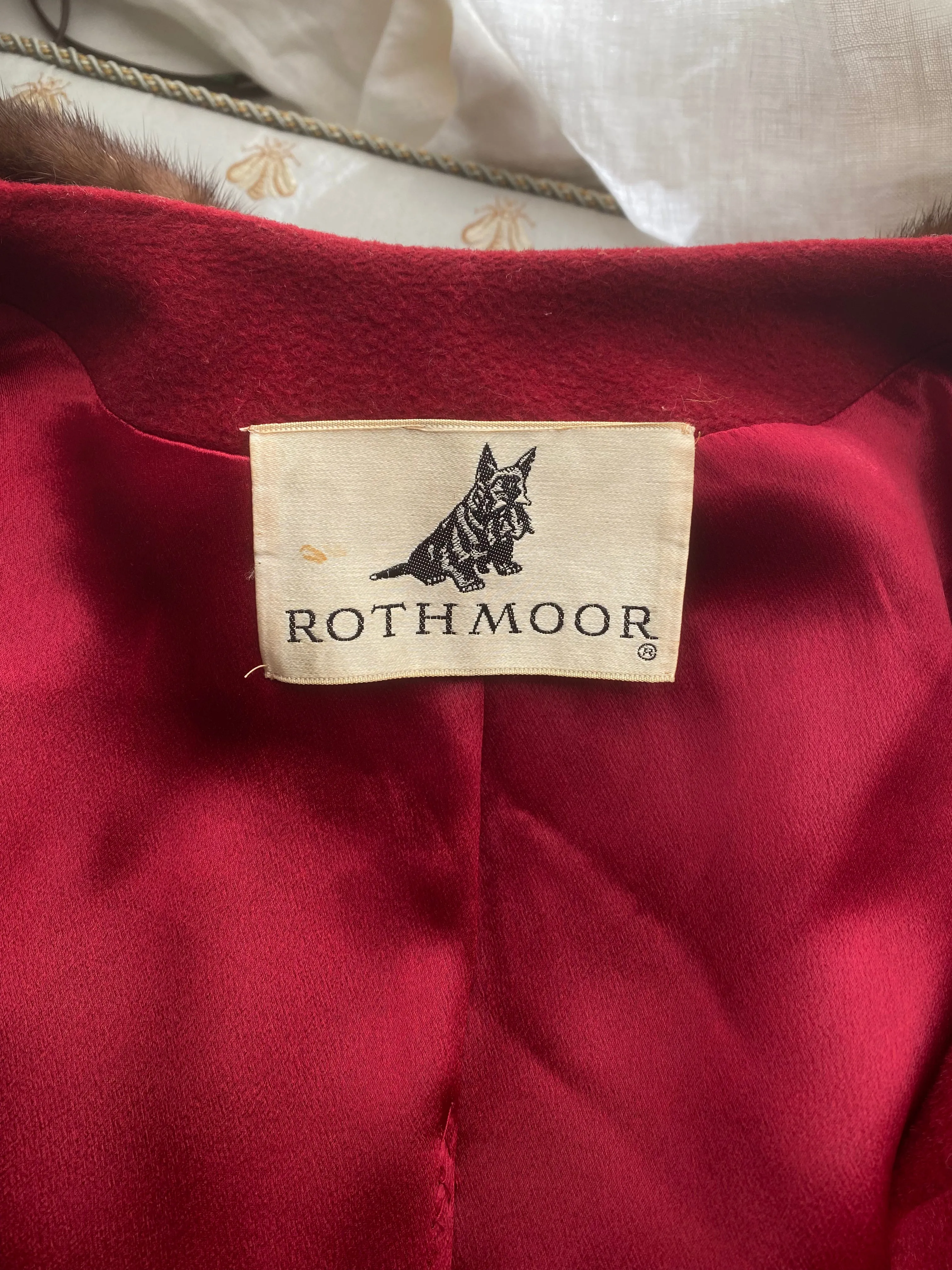 1950's Crimson Cashmere Mink Trimmed Cocoon Coat By Rothmoor / ML