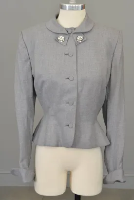 1950s Light Grey Wool Flannel Blazer Jacket, Leslie Fay