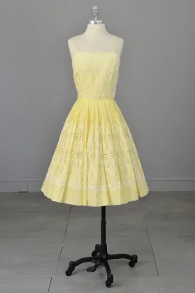 1950s Pale Yellow Embroidered Patio Dress | Pleated Full Skirt | Pinup