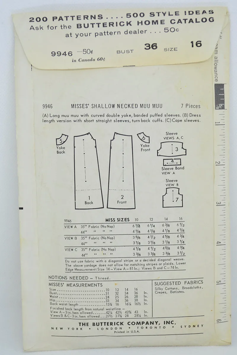 1960 Butterick 9946 Vintage Muu Muu Dress Pattern