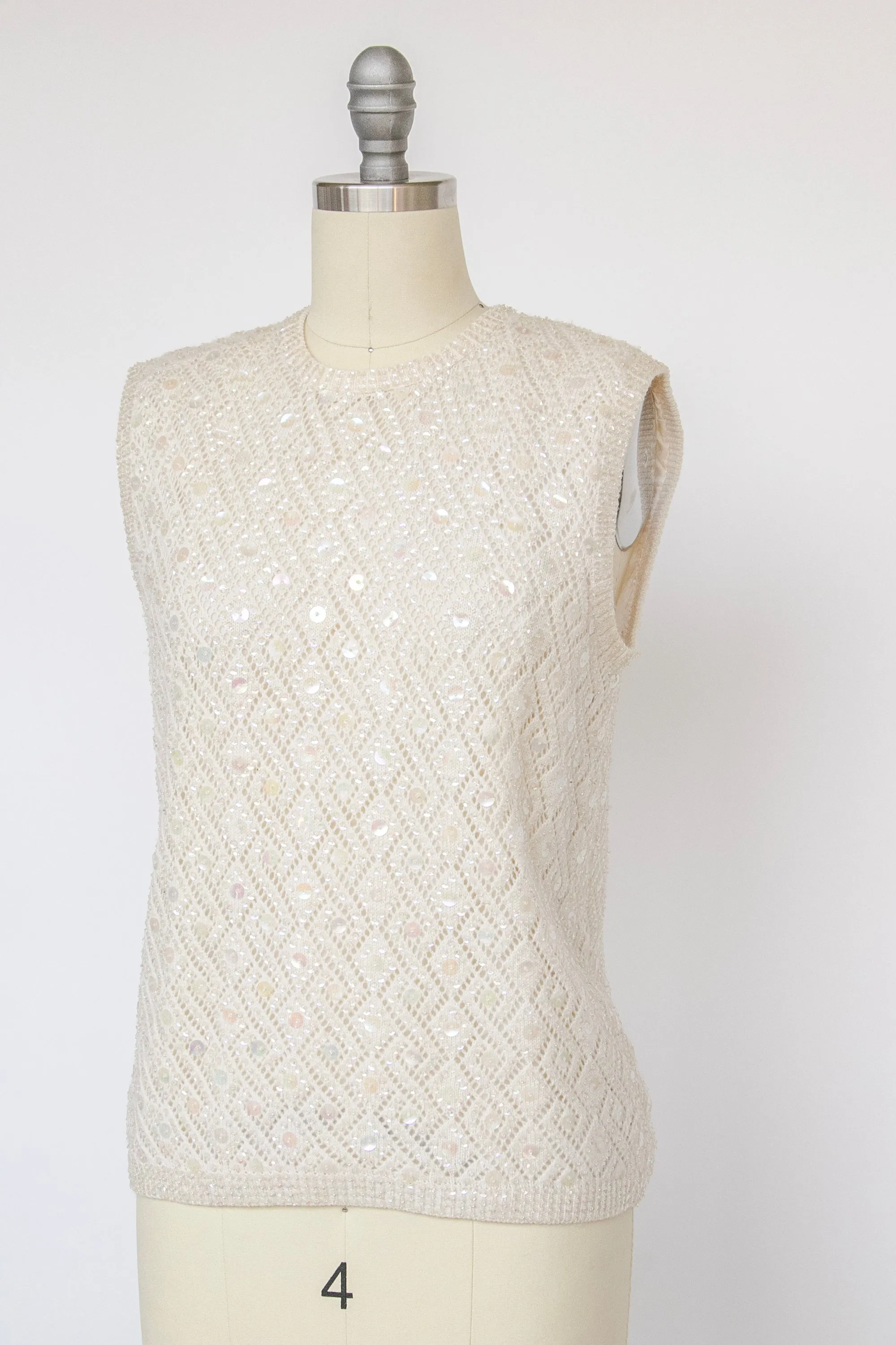 1960s Sequin Top Wool Knit Sleeveless Blouse M