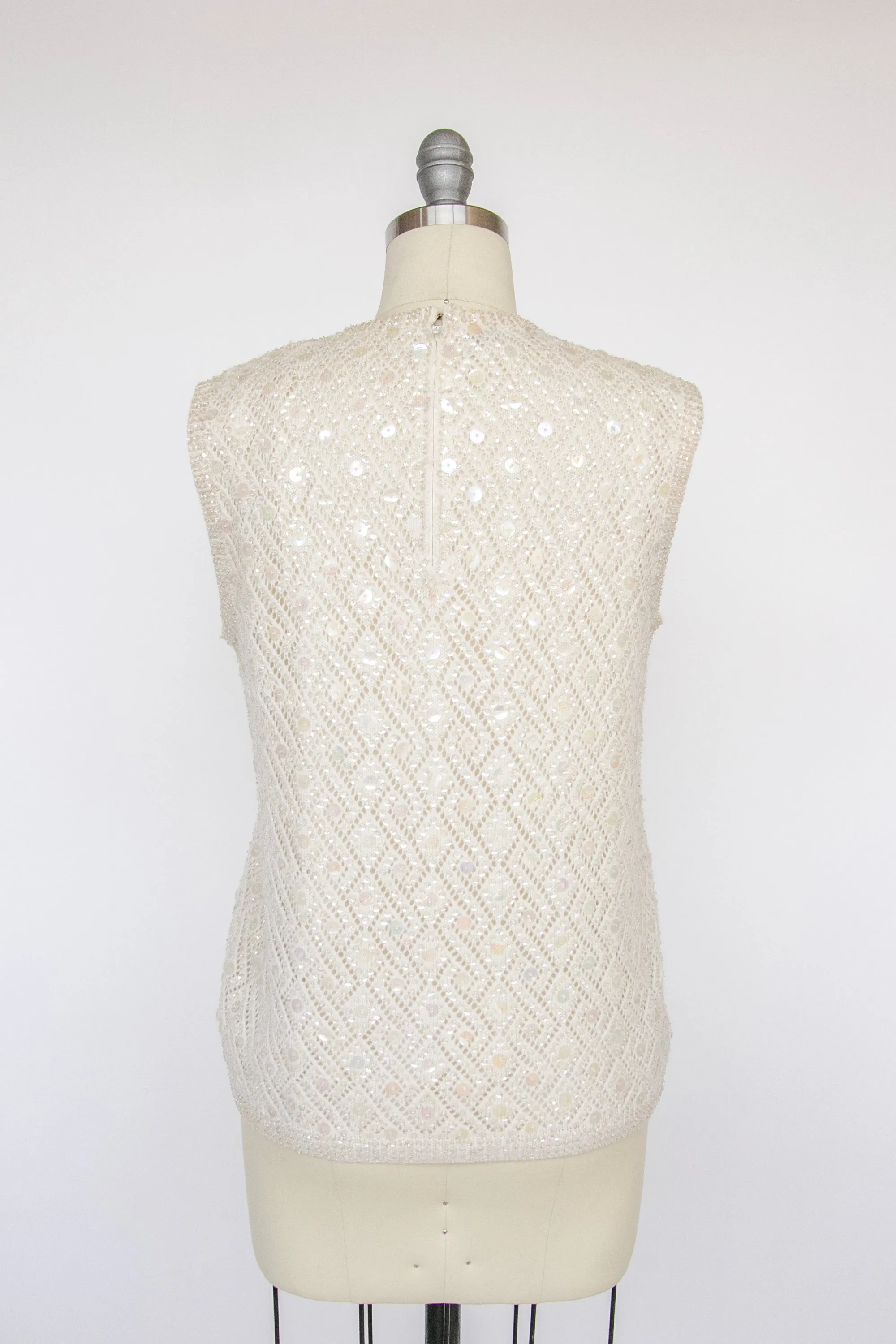 1960s Sequin Top Wool Knit Sleeveless Blouse M