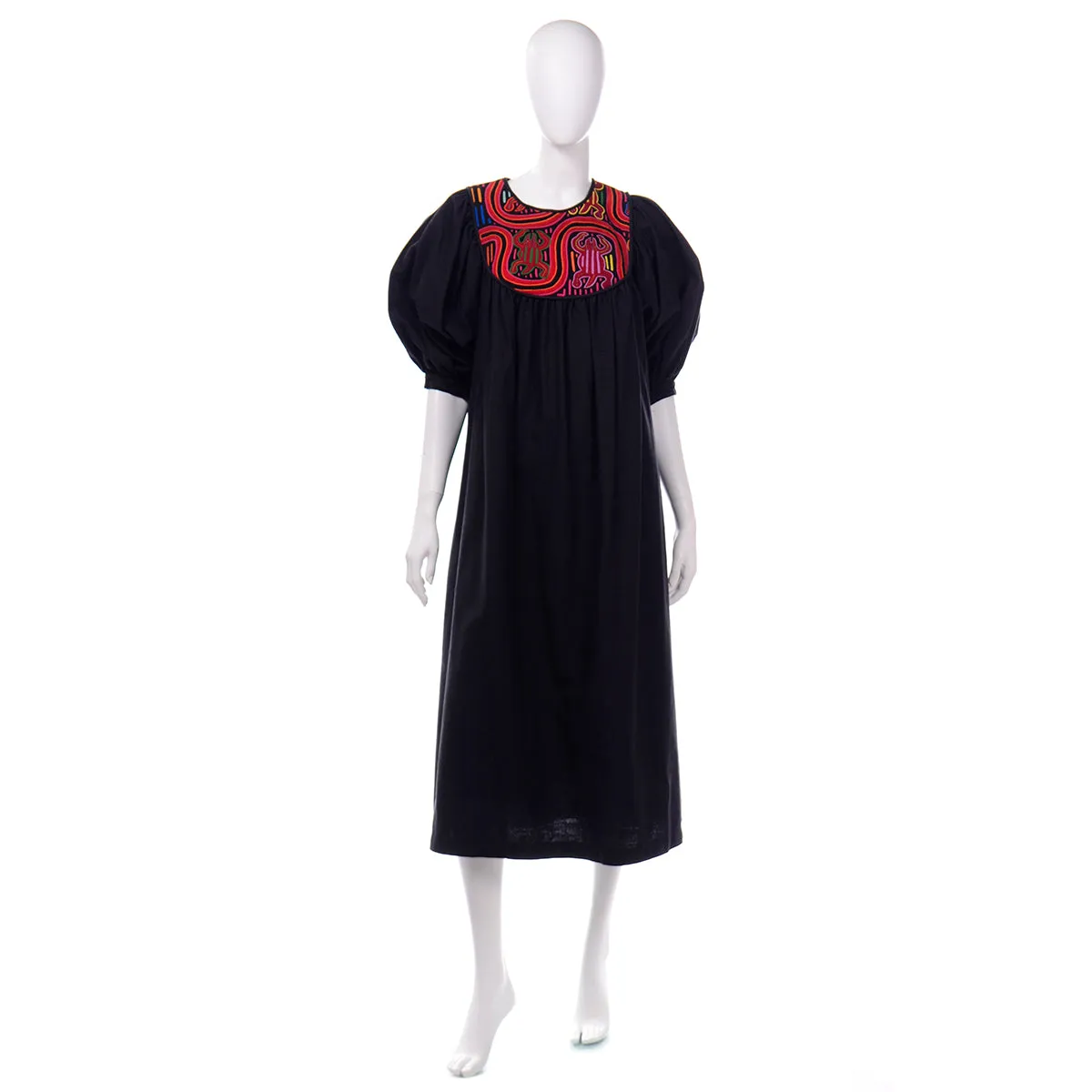 1960s Vintage Black Cotton Dress w/ Embroidery from Ecuador