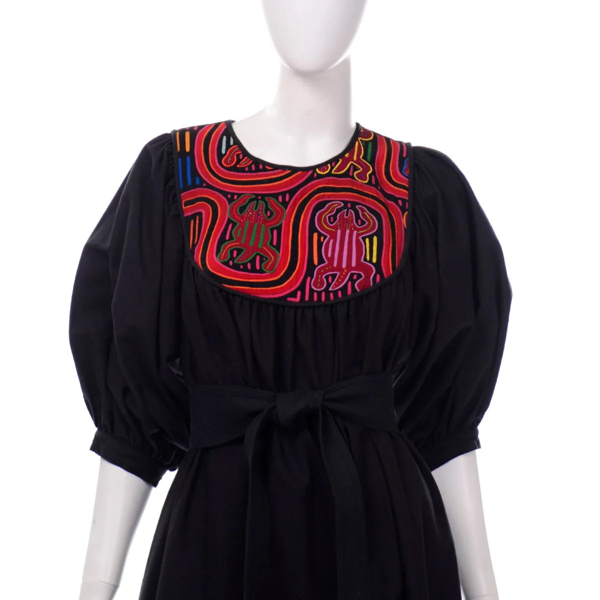 1960s Vintage Black Cotton Dress w/ Embroidery from Ecuador