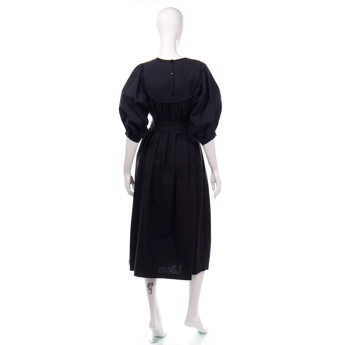 1960s Vintage Black Cotton Dress w/ Embroidery from Ecuador