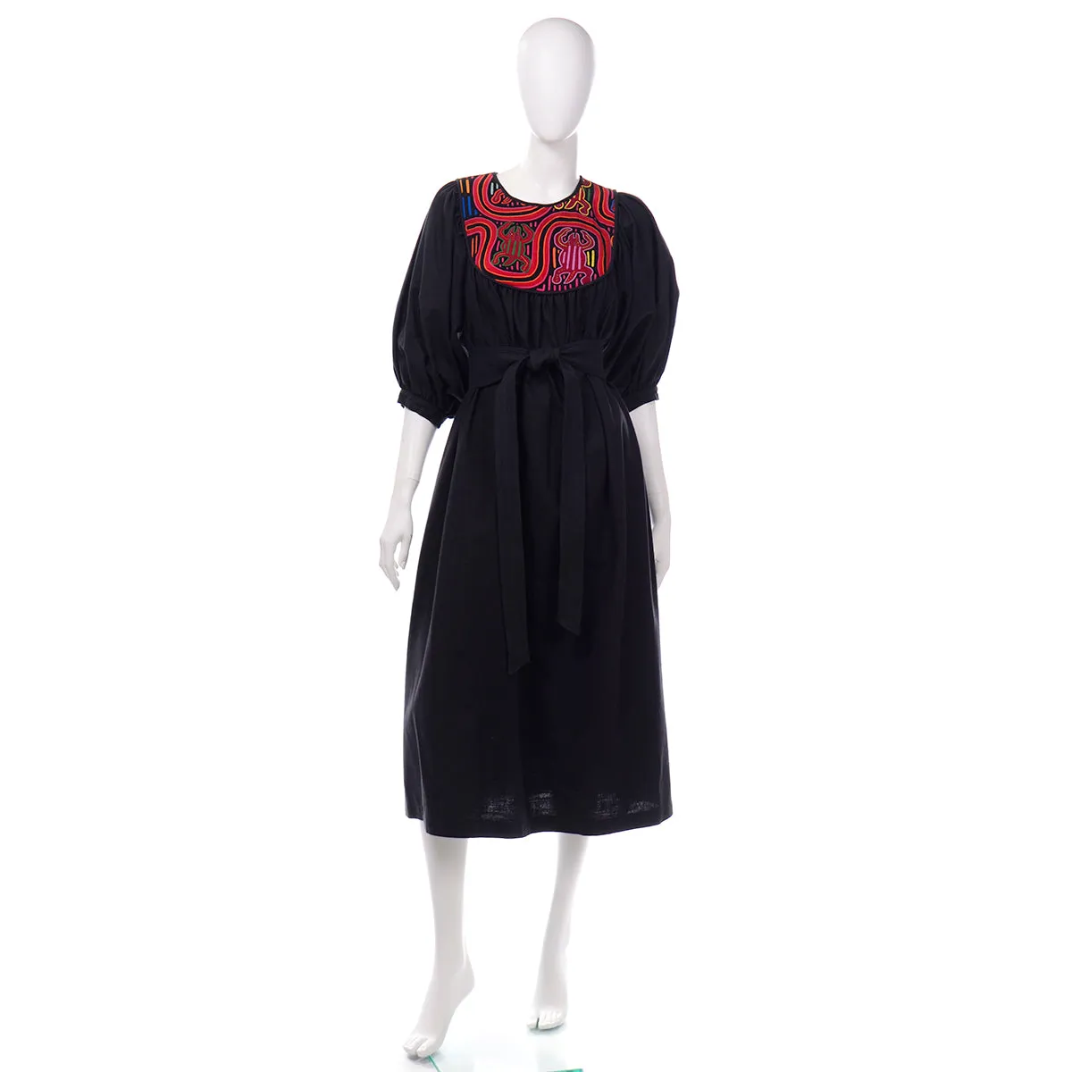 1960s Vintage Black Cotton Dress w/ Embroidery from Ecuador