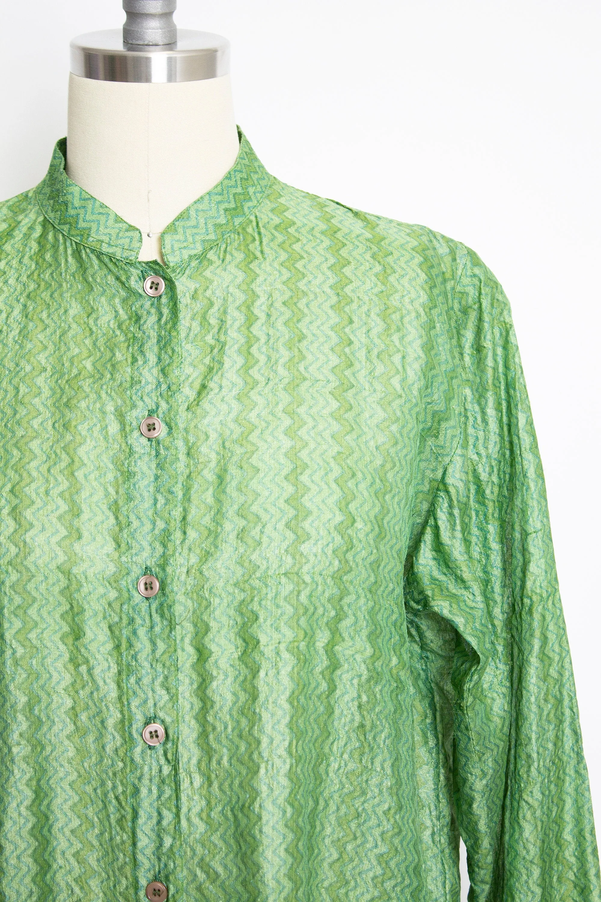 1970s India SILK Blouse Green Sheer Top Medium