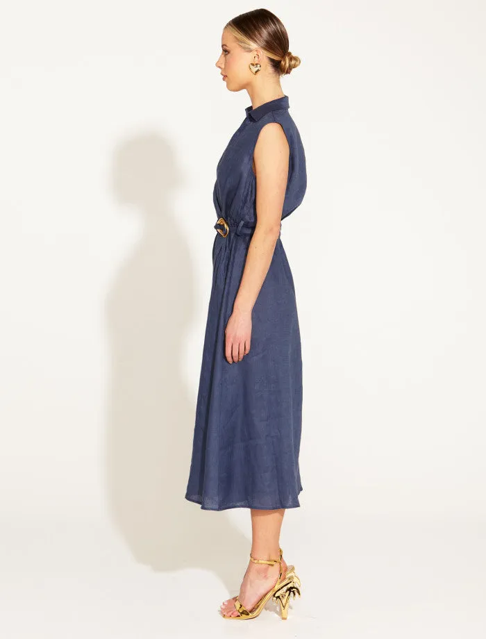 A Walk in the Park Linen Sleeveless Midi Dress (Navy)