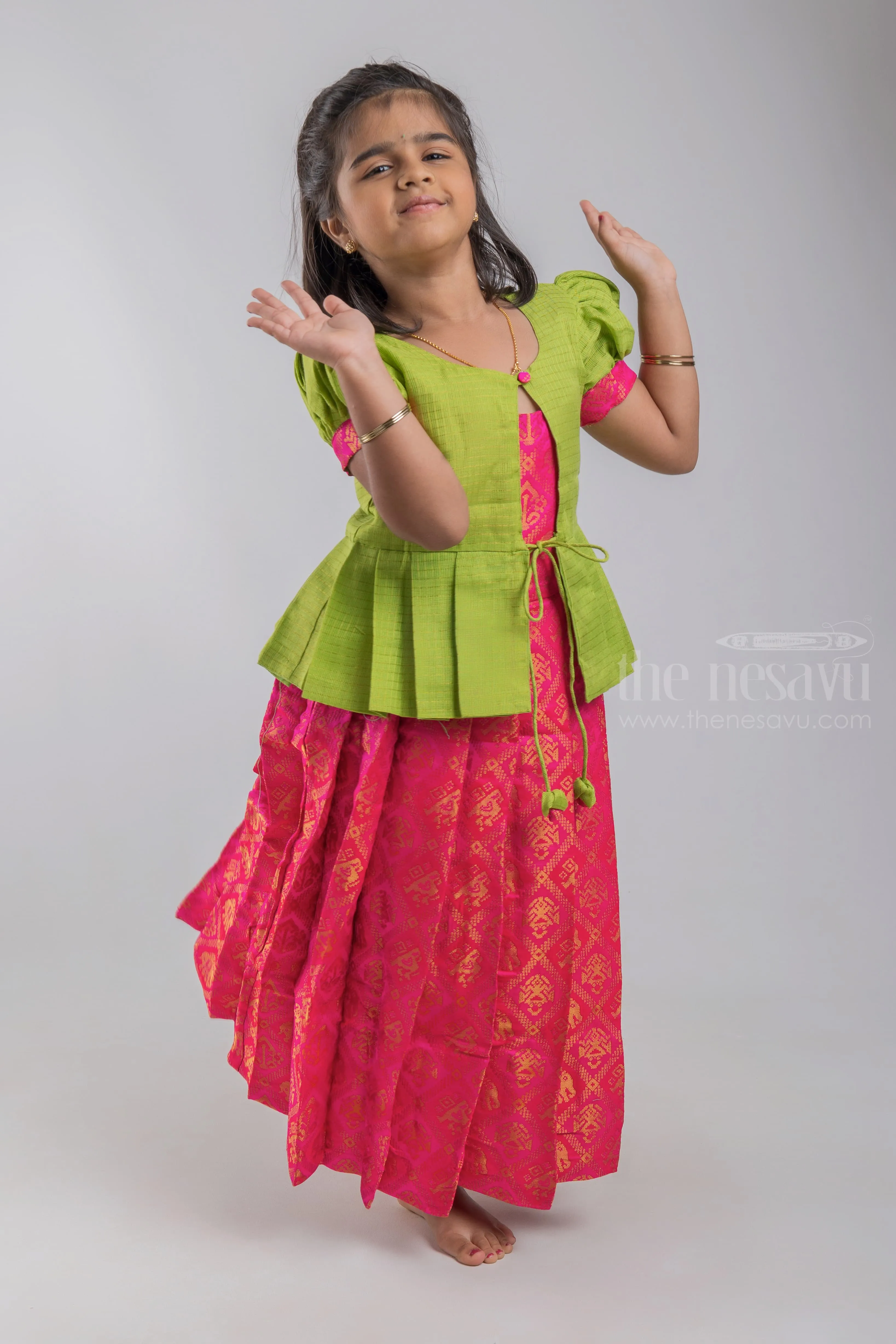 Adorable Parrot Green Silk Blouse And Pink Pleated Designer Silk Skirt For Girls