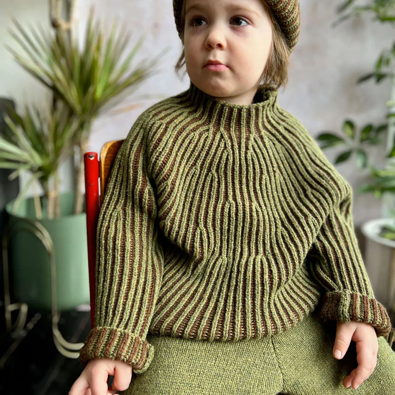 Afron Brioch Knit Pullover - 100% Merino - Fennel/Cocoa (8-12y )