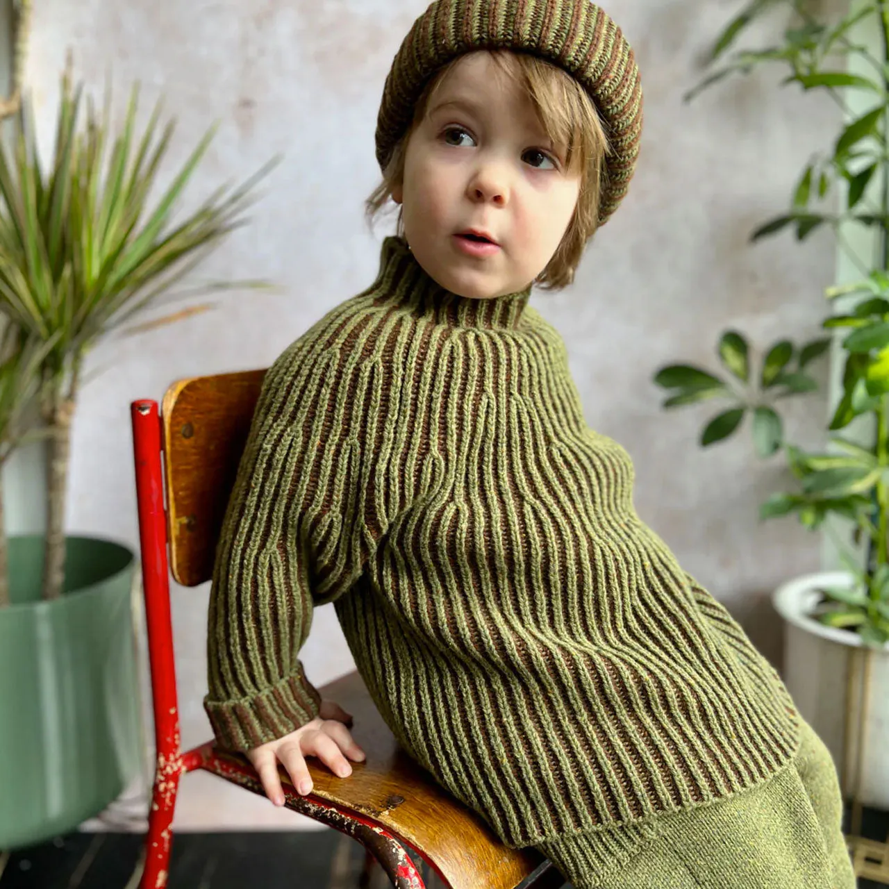 Afron Brioch Knit Pullover - 100% Merino - Fennel/Cocoa (8-12y )