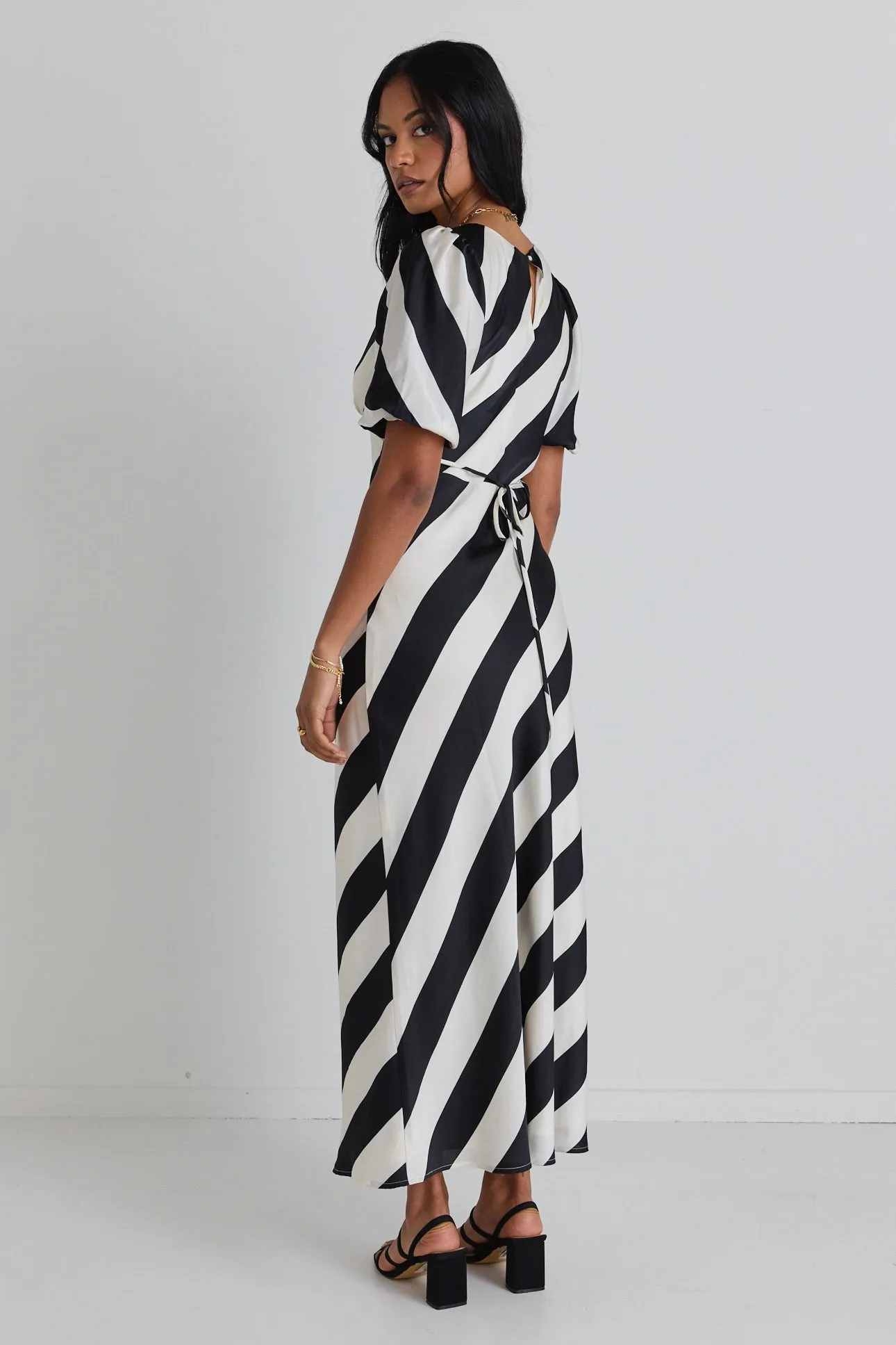 Amora Black White Stripe SS Bias Midi Dress