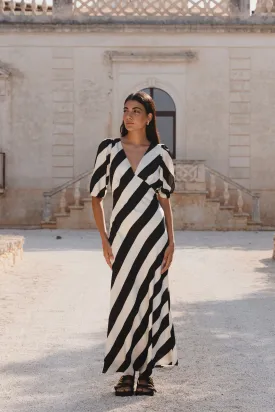 Amora Black White Stripe SS Bias Midi Dress