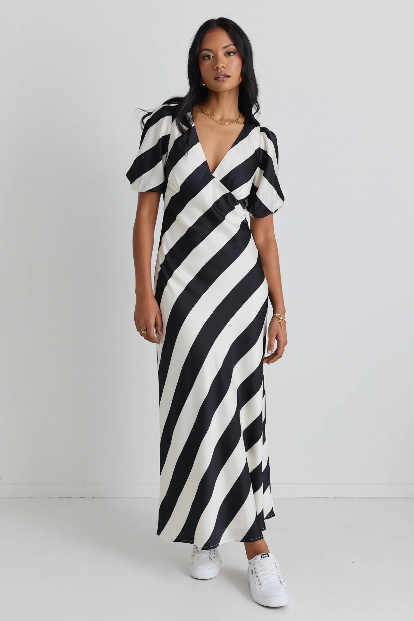 Amora Black White Stripe SS Bias Midi Dress