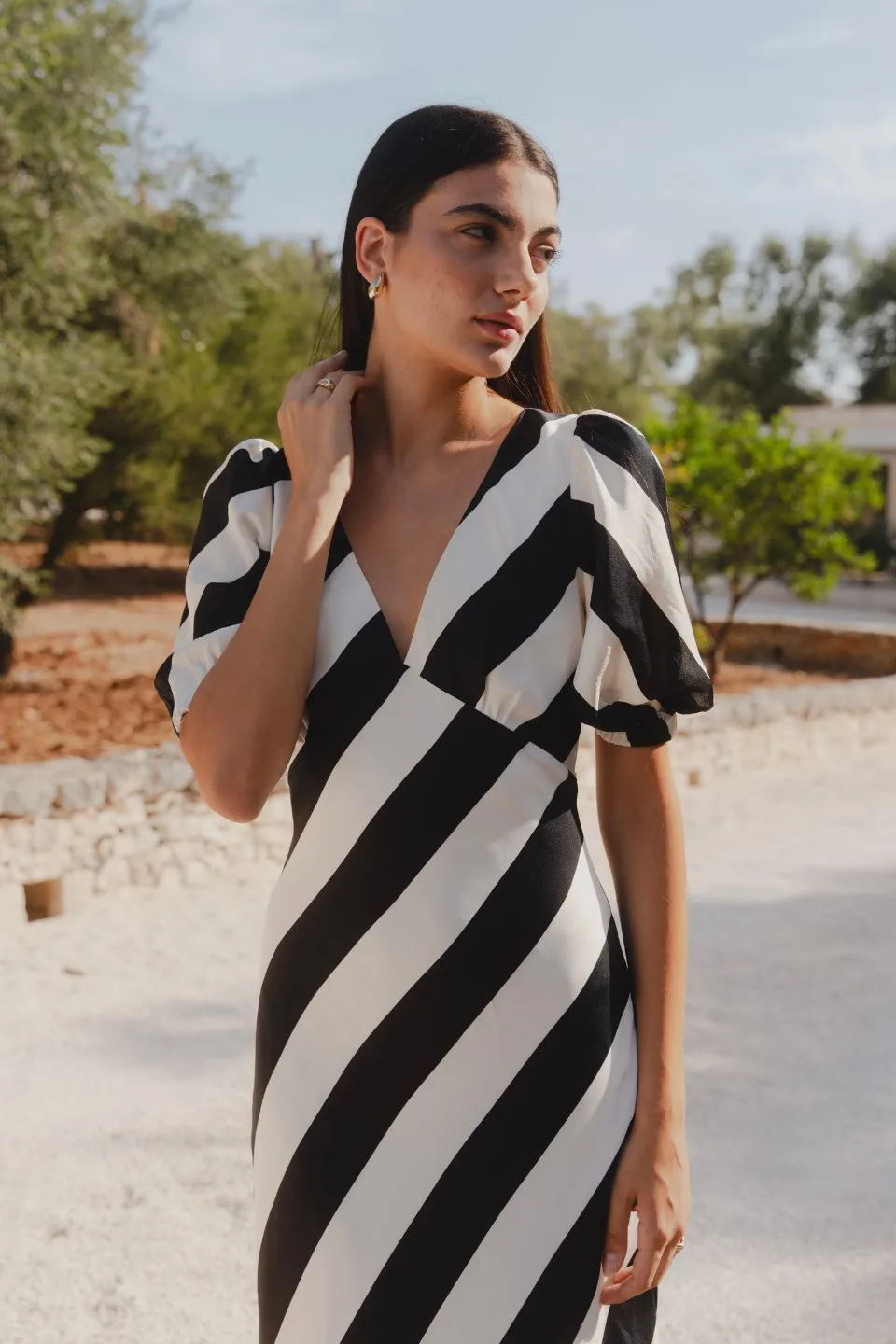 Amora Black White Stripe SS Bias Midi Dress