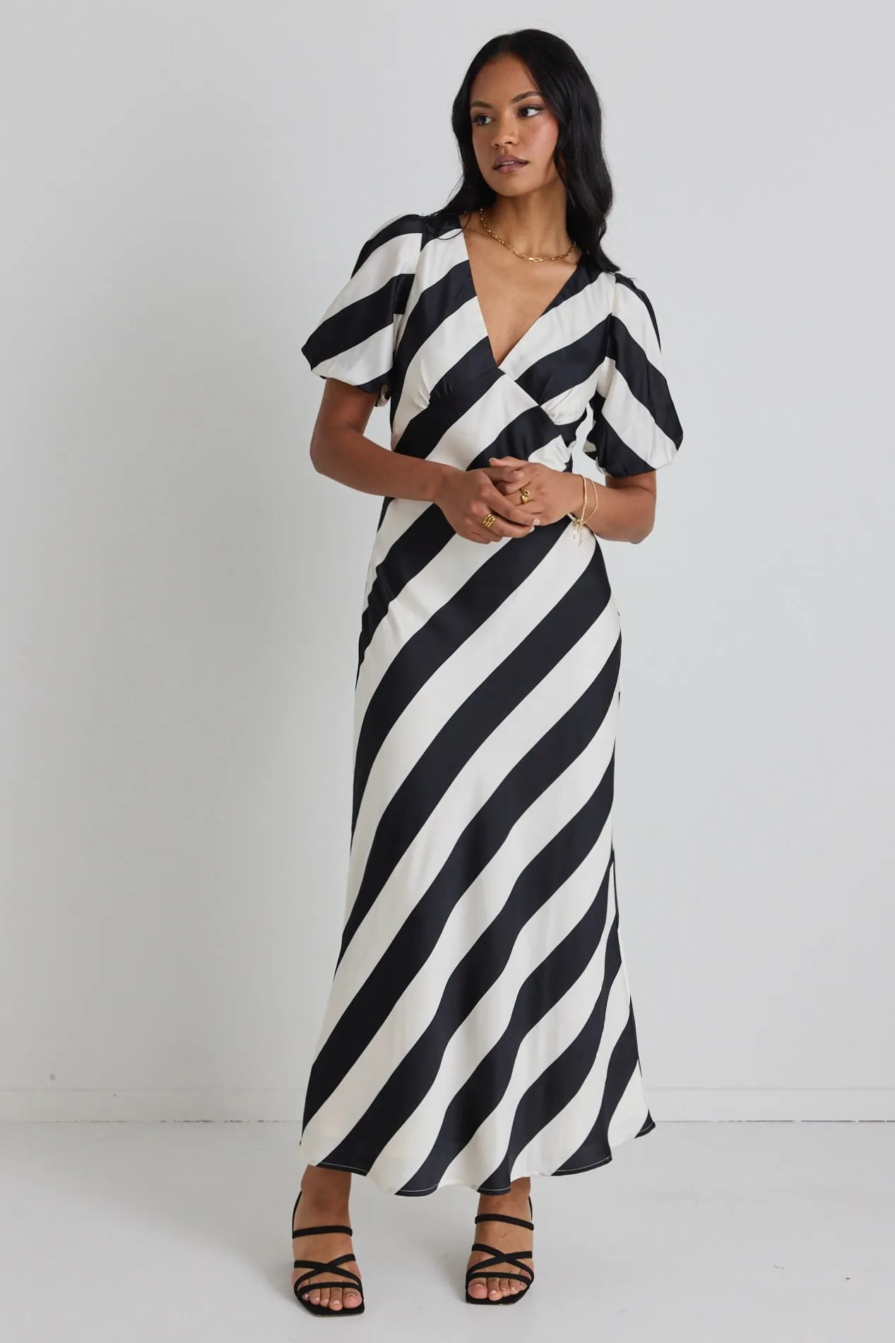 Amora Black White Stripe SS Bias Midi Dress