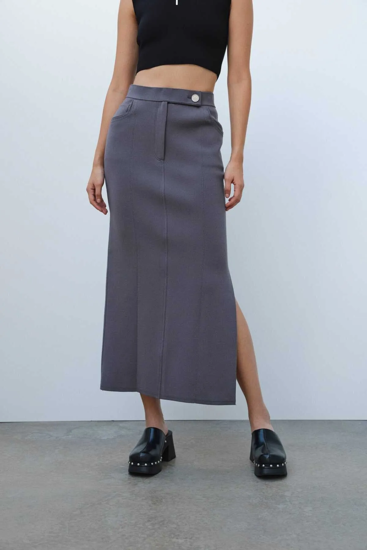 Anthracite Slit Detailed Long Knitwear Skirt