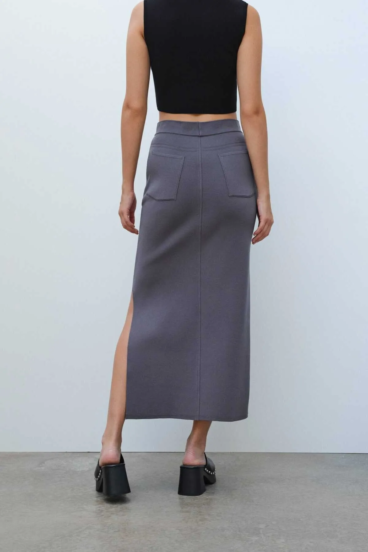 Anthracite Slit Detailed Long Knitwear Skirt