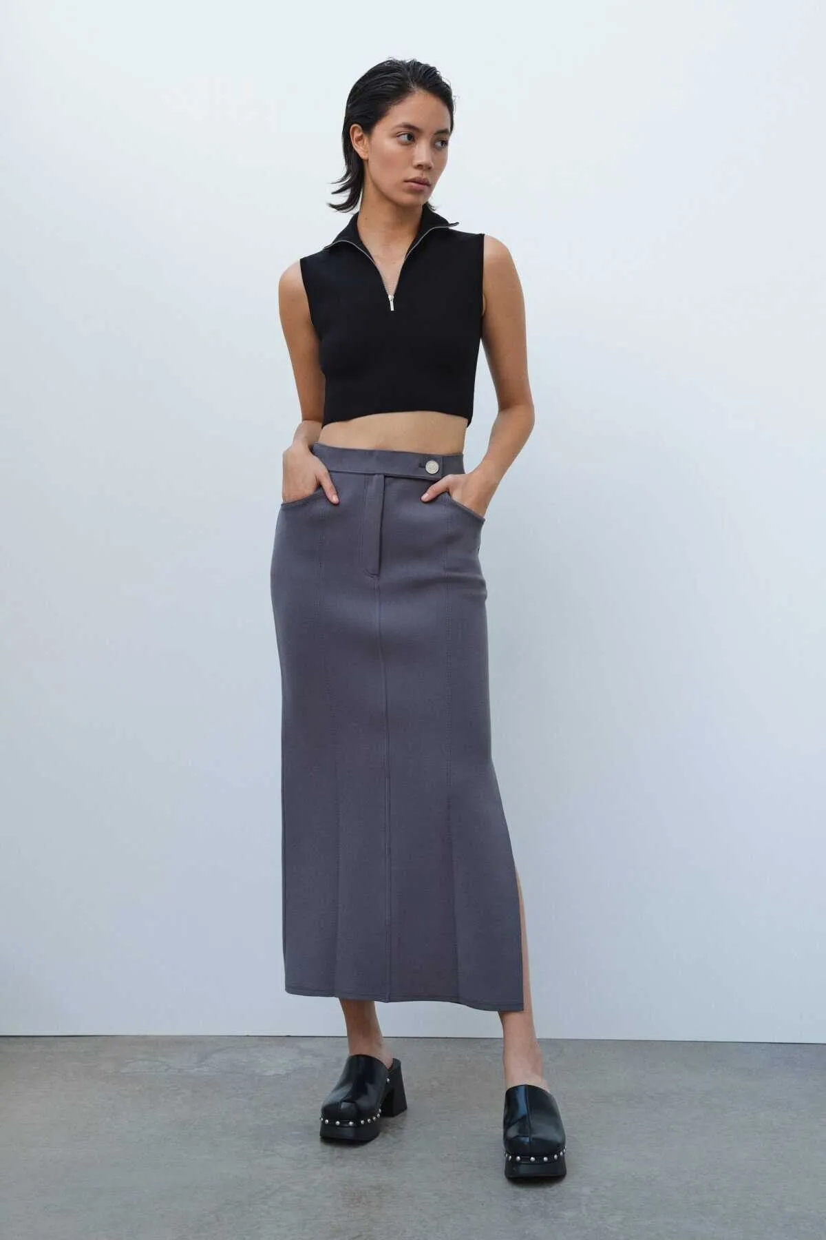 Anthracite Slit Detailed Long Knitwear Skirt