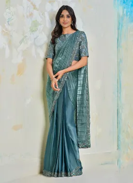 Aqua Blue Fancy Ready To Wear Saree