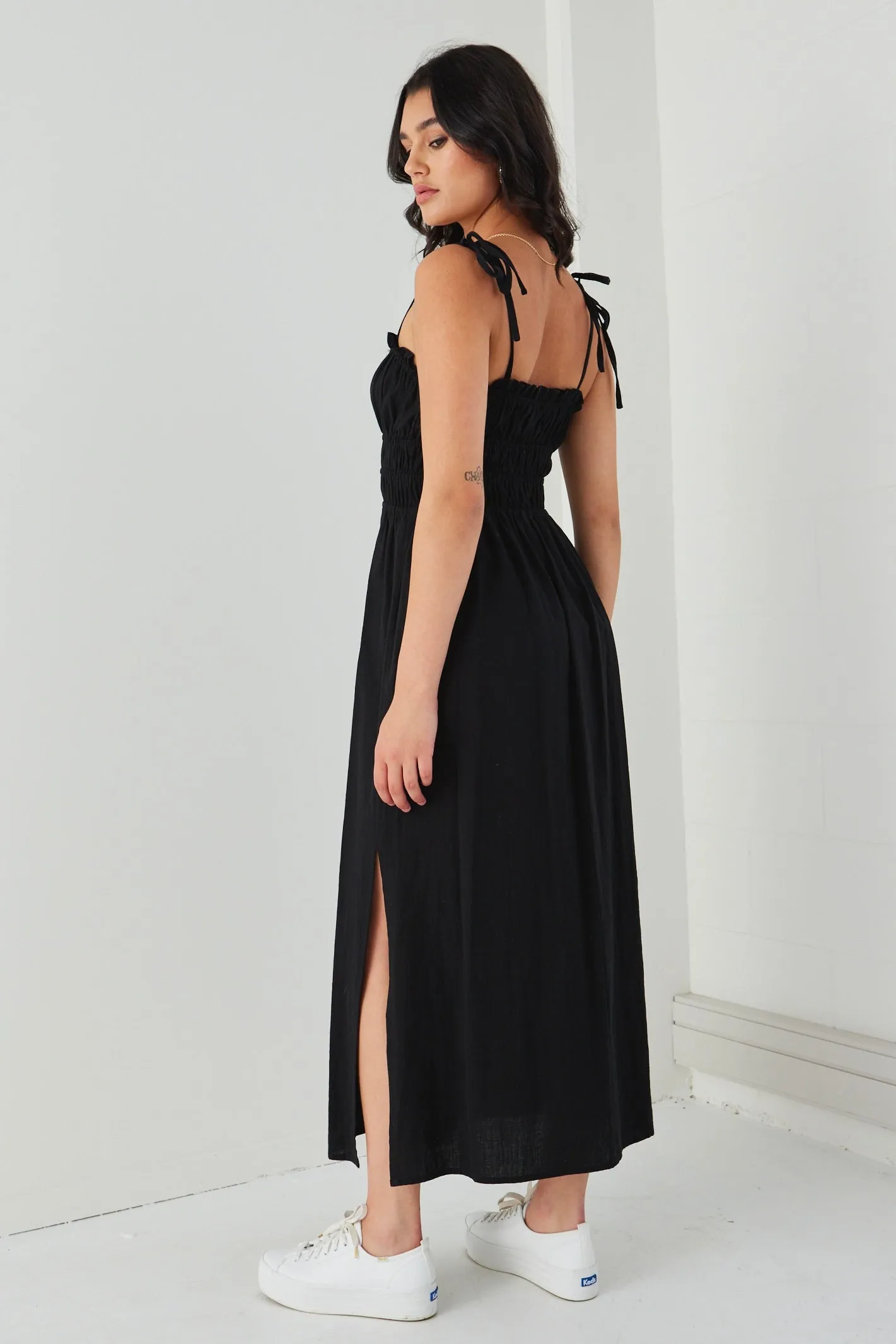 Arcadia Black Cotton Gathered Tie Strap Midi Dress