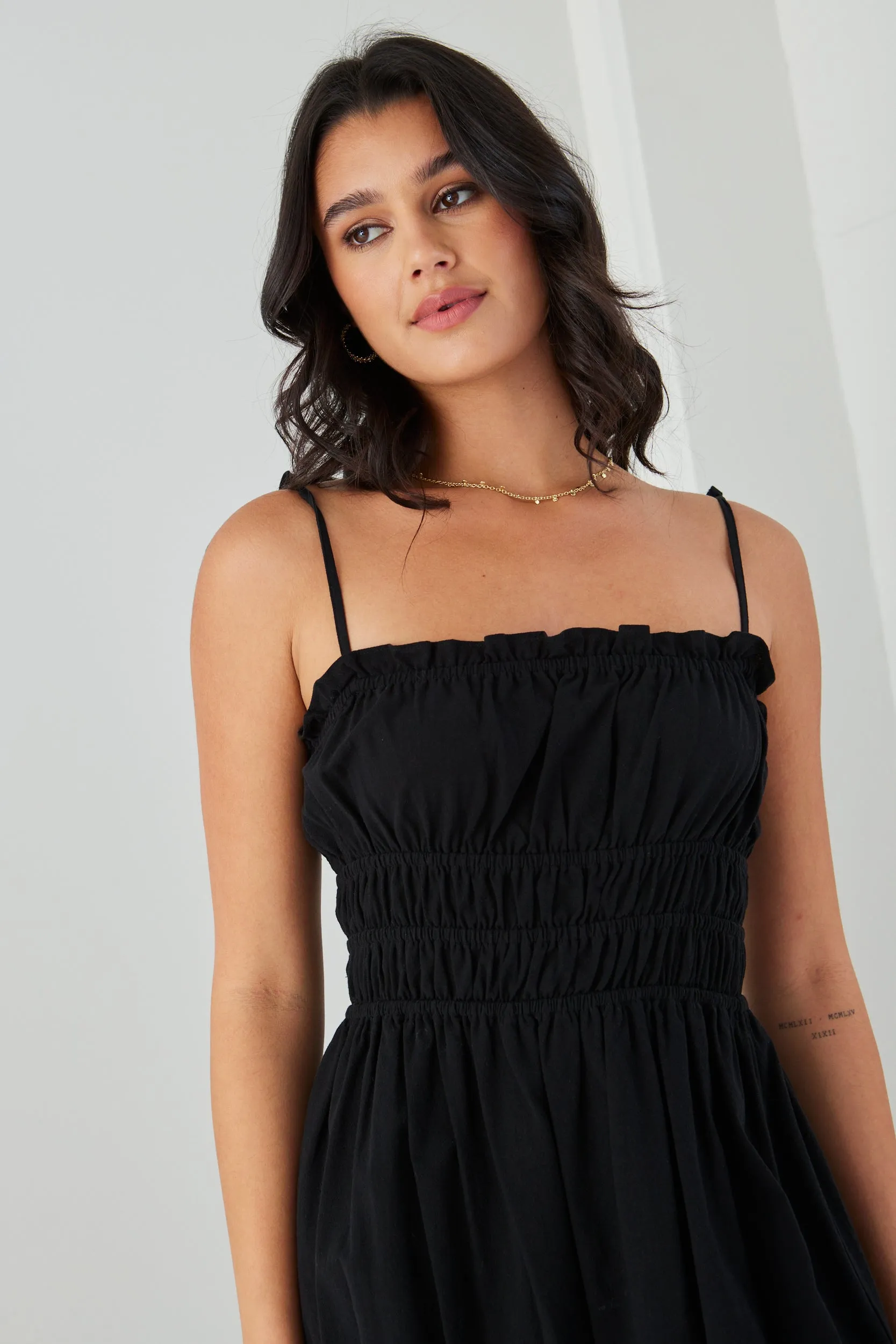 Arcadia Black Cotton Gathered Tie Strap Midi Dress