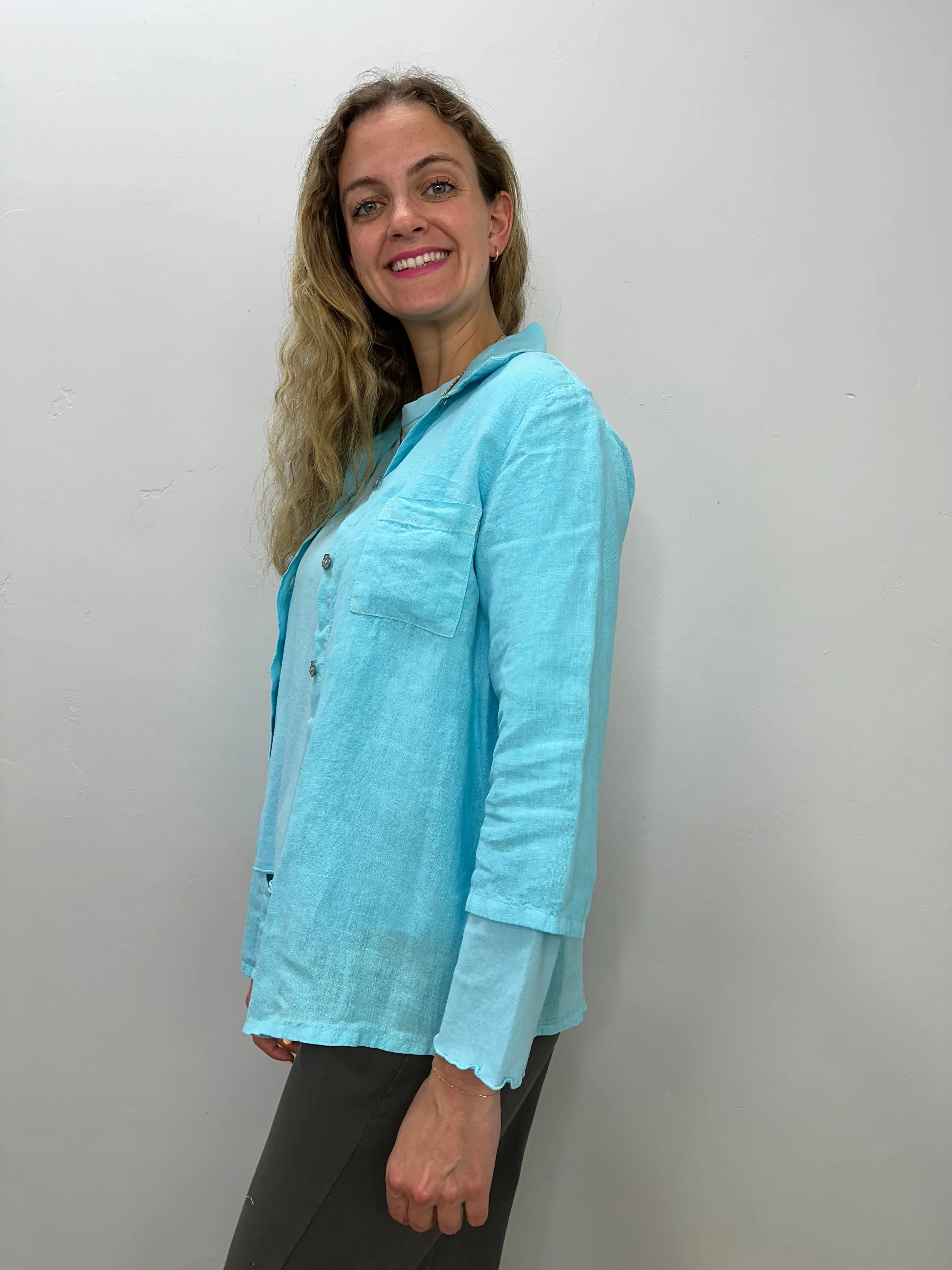 Arctic Blue Linen Button Down Top