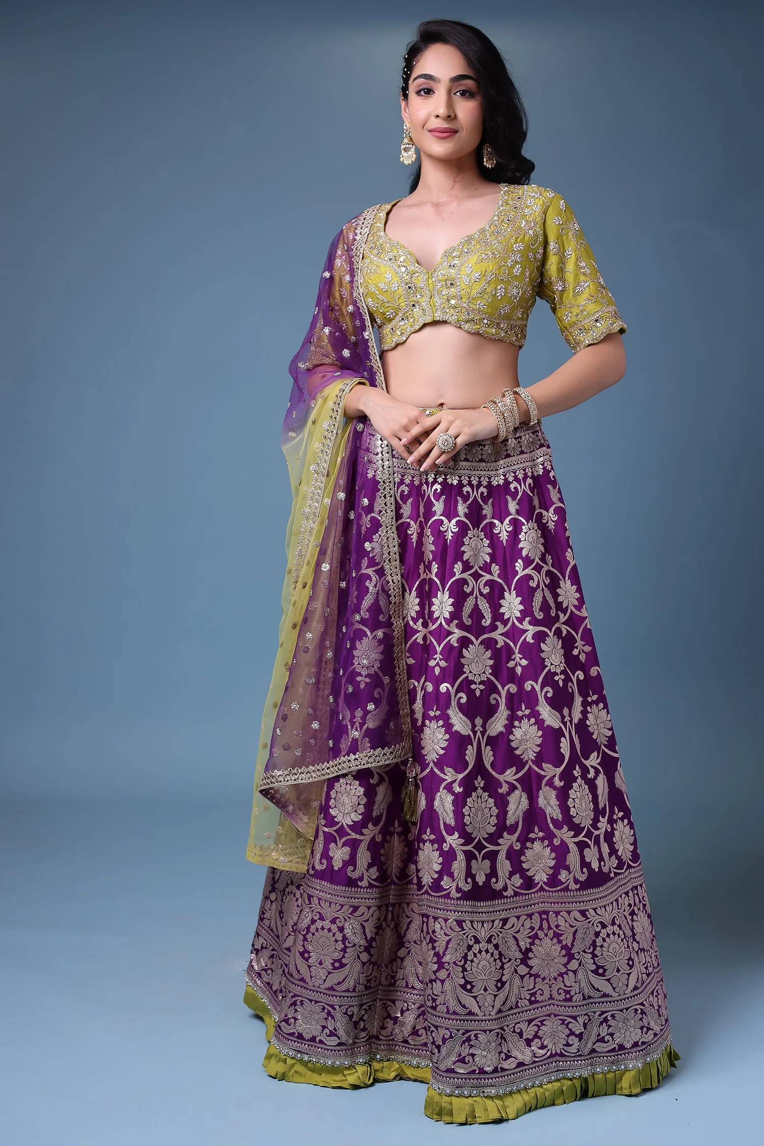 Banarasi Silk Lehenga with Mirror and Pearl work