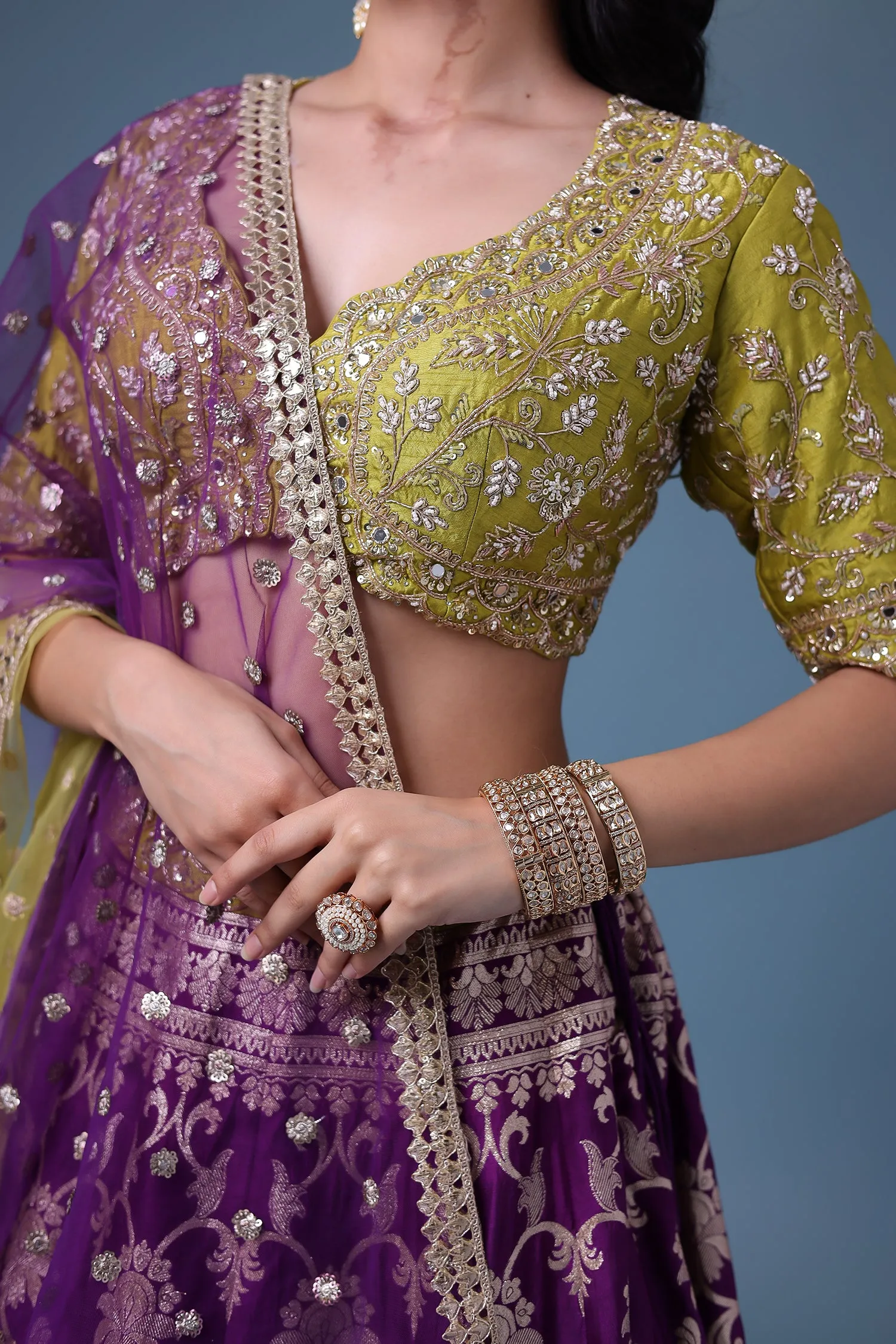 Banarasi Silk Lehenga with Mirror and Pearl work