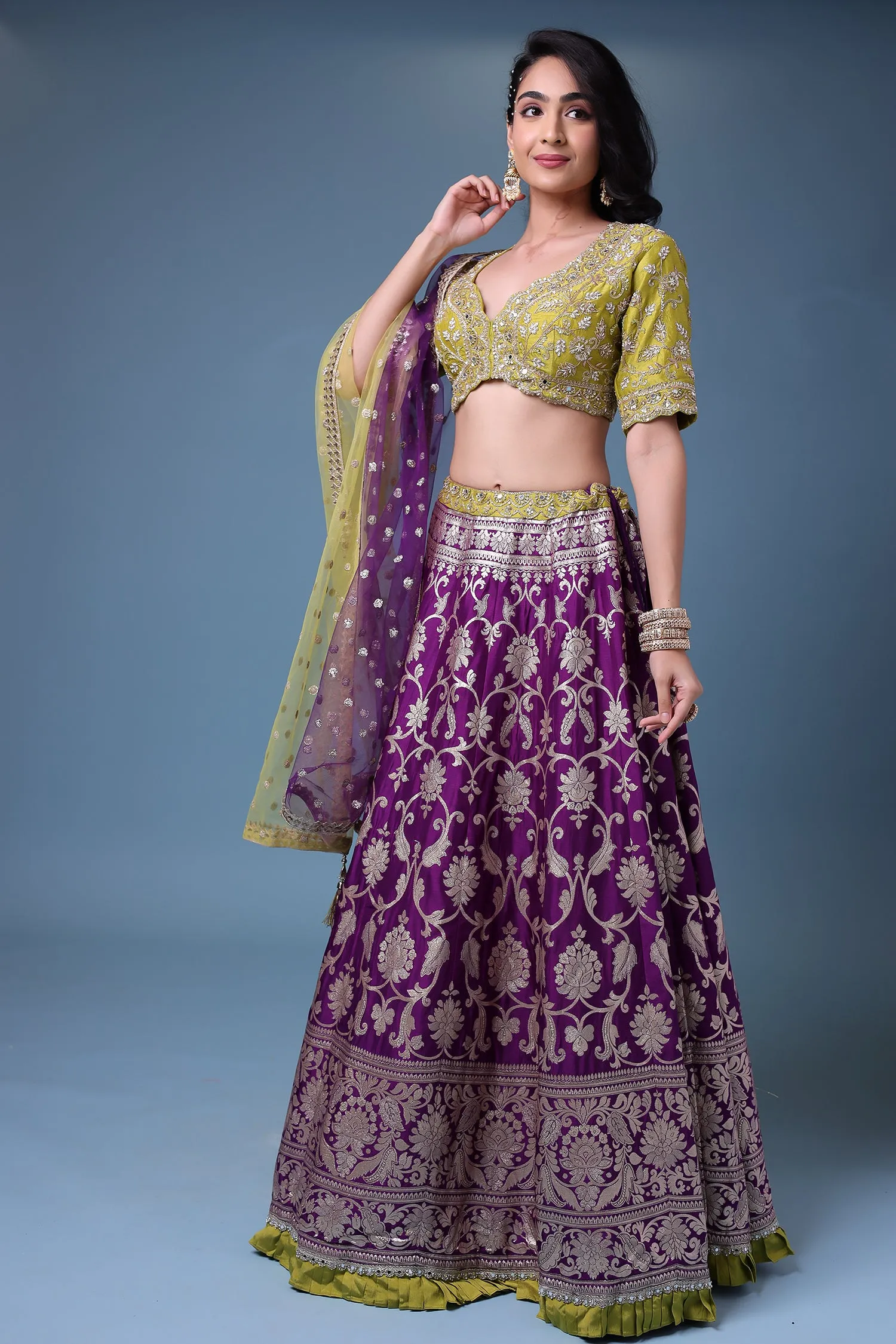 Banarasi Silk Lehenga with Mirror and Pearl work