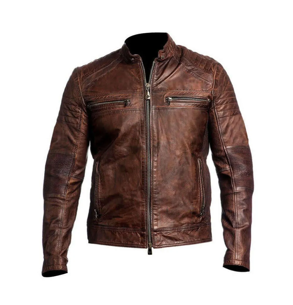 Beautiful Men's Biker Vintage Ribbed Motorcycle Distressed Brown Cafe Racer Leather Jacket