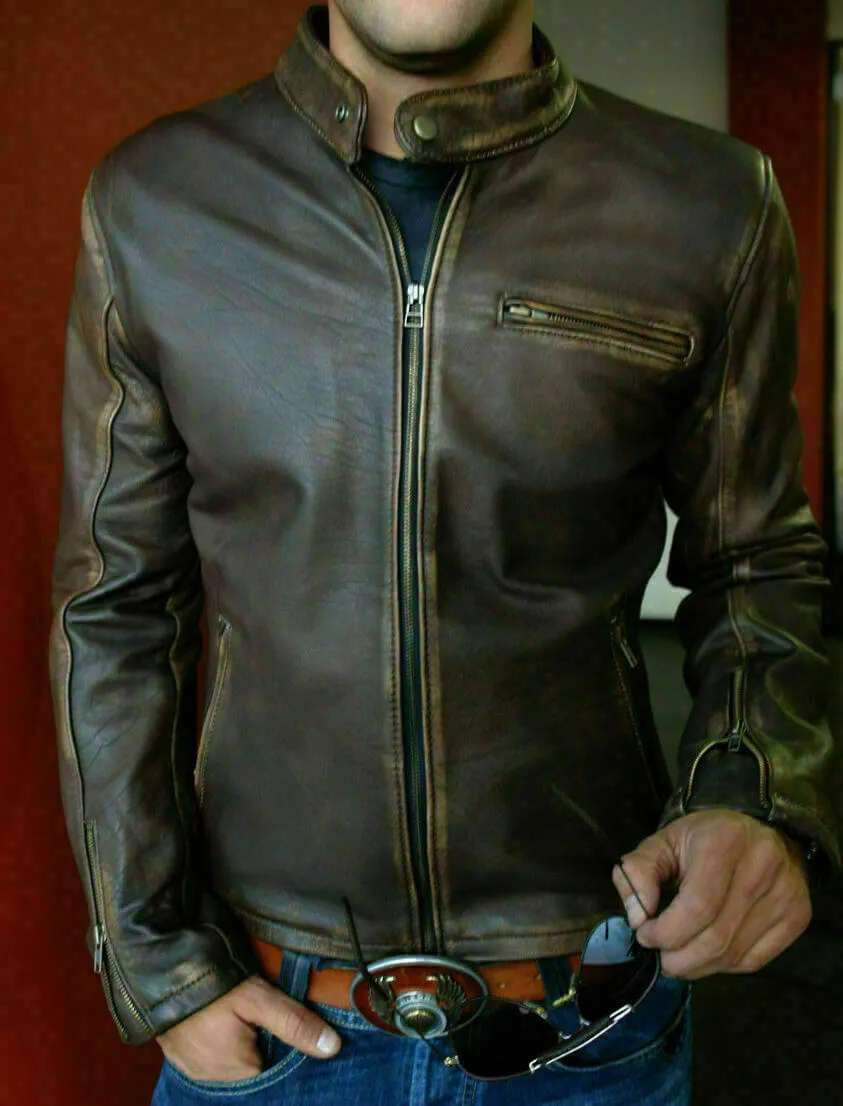 Biker Vintage Motorcycle Distressed Men Brown Cafe Racer Leather Jacket