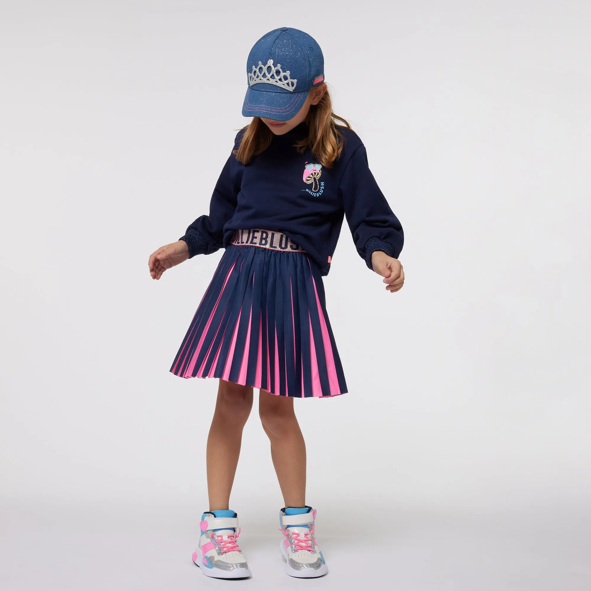 Billieblush Girls Navy Blue Pleated Satin Skirt