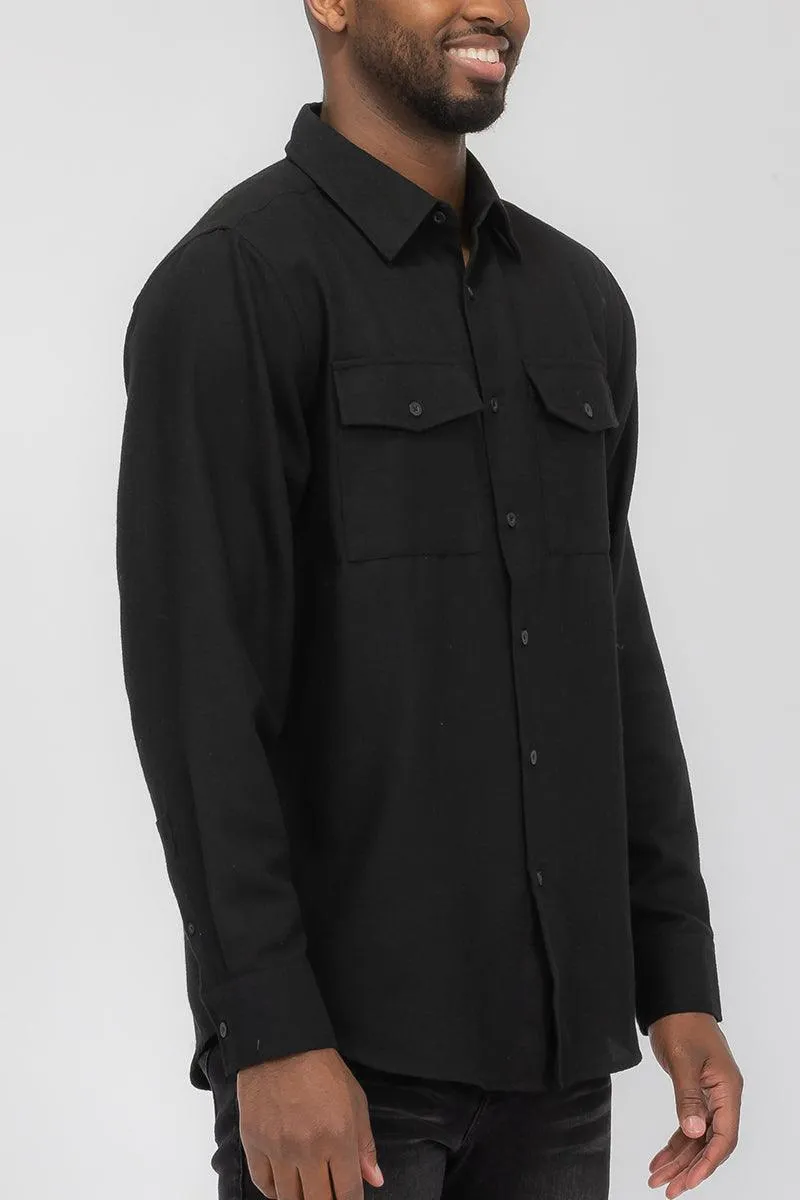 Black Blank Brushed Long Sleeve Flannel Shirt Mens