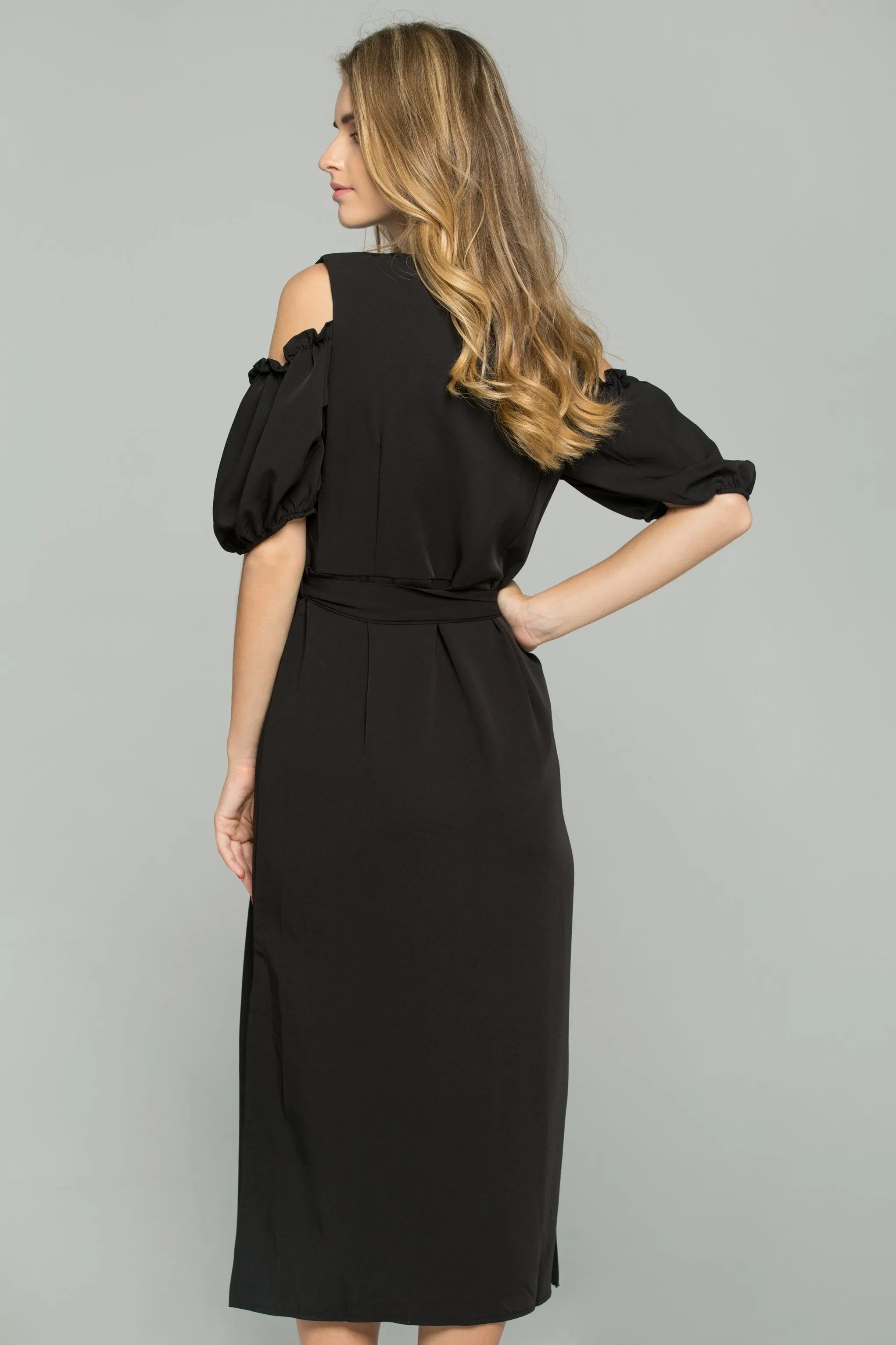 Black Cotton V-Neck Cold Shoulder Cinched Midi Dress