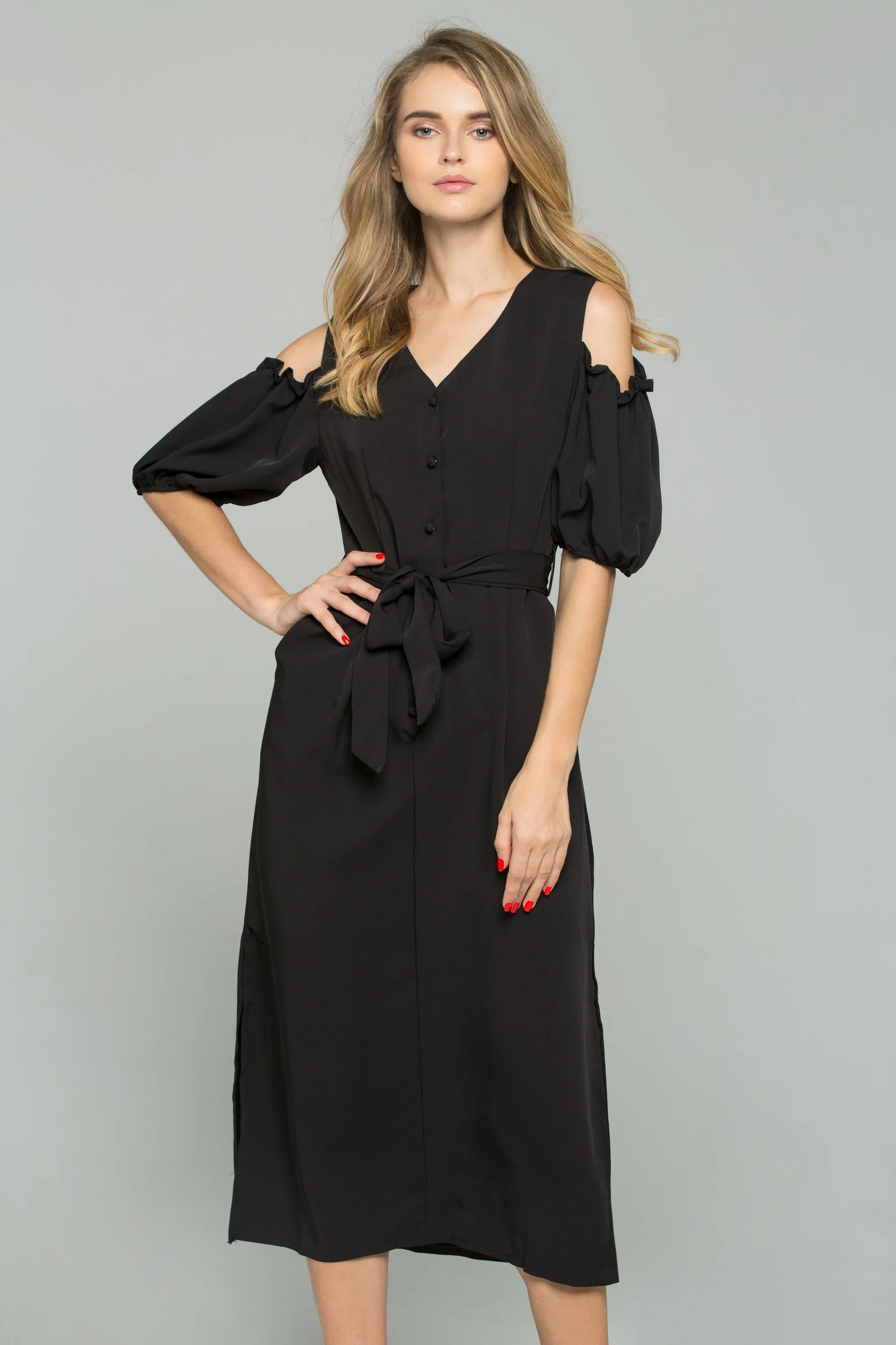 Black Cotton V-Neck Cold Shoulder Cinched Midi Dress