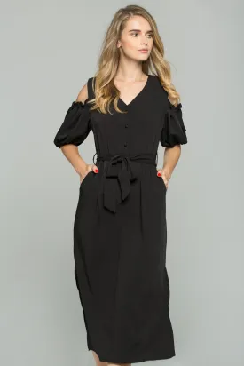 Black Cotton V-Neck Cold Shoulder Cinched Midi Dress