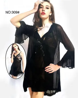 Black See Through Short Nighty With Robe - 309