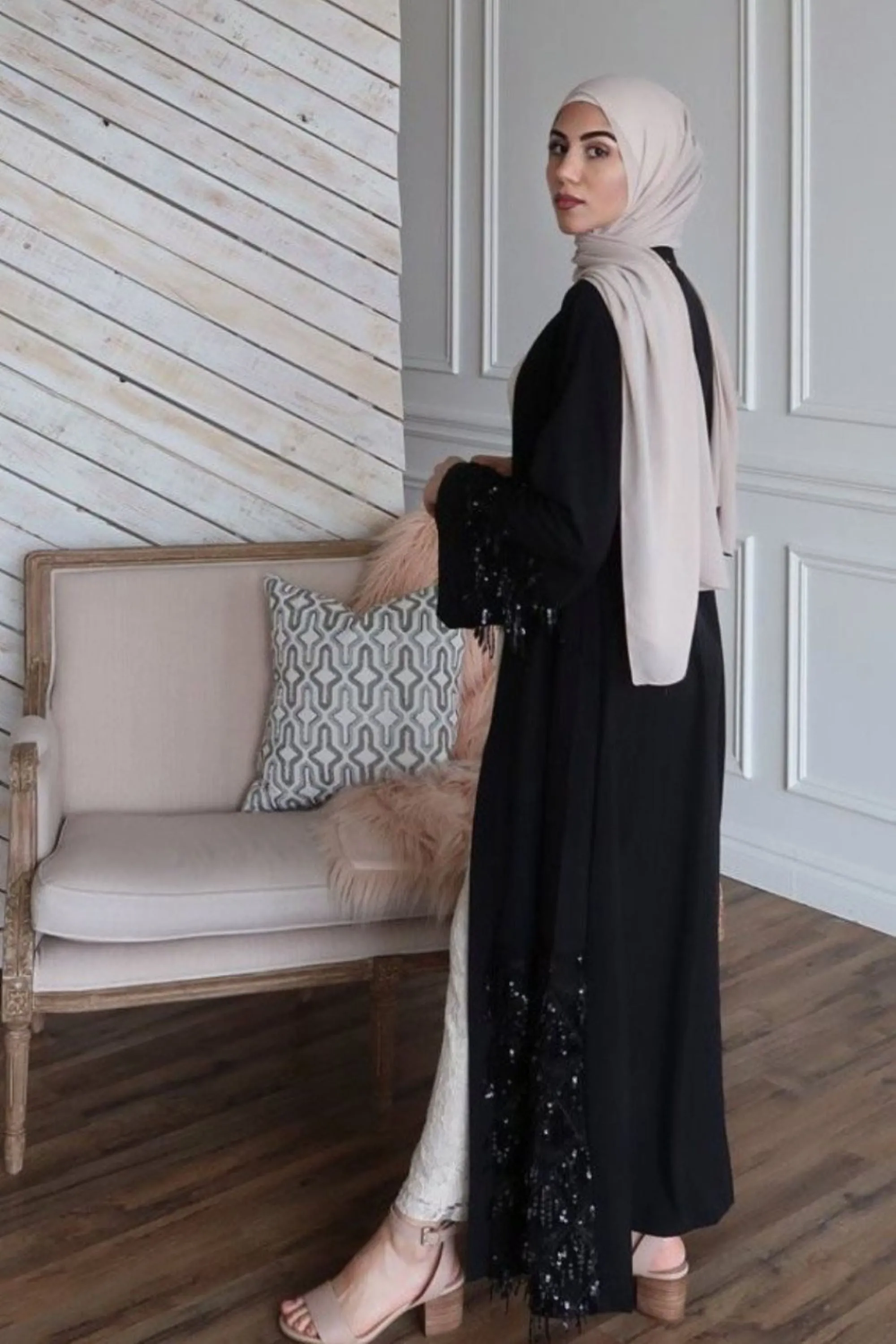 Black Sequin Fringe Open Front Abaya-CLEARANCE