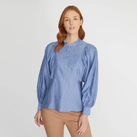 Blue Wide Sleeve Stripe Blouse