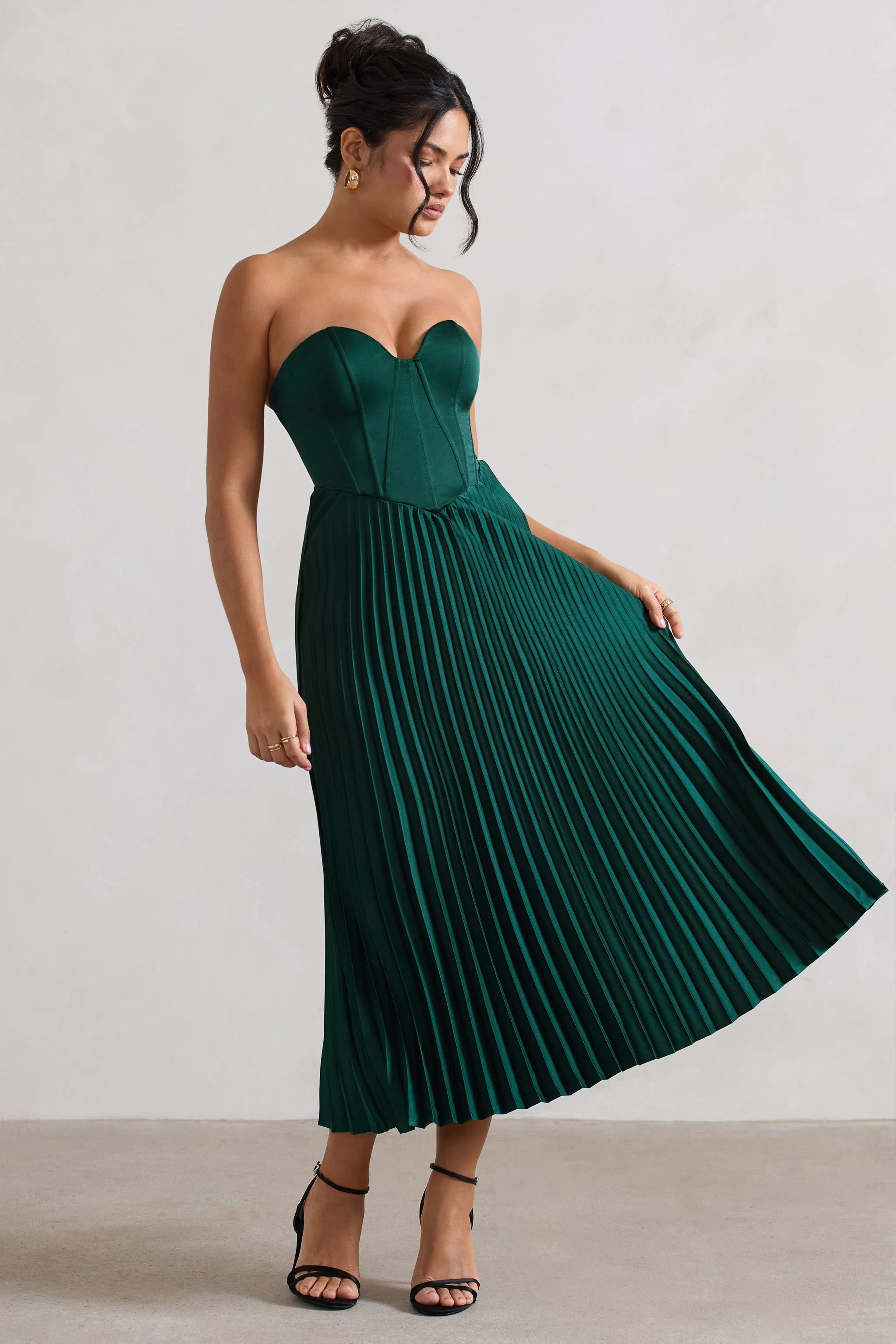 Bordeaux | Green Satin Corset Style Midi Dress