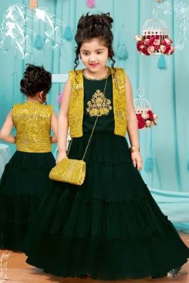 Bottle Green with Yellow Sequins and Thread work Overcoat Style Lehenga Choli for Girls