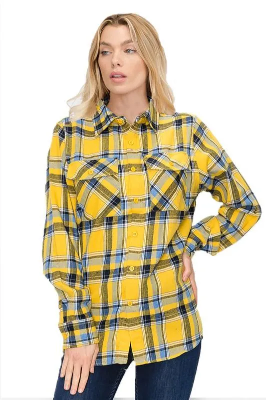 Boyfriend Fit Checker Plaid Flannel Long Sleeve Shirt