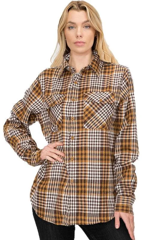 Boyfriend Fit Checker Plaid Flannel Long Sleeve Shirt